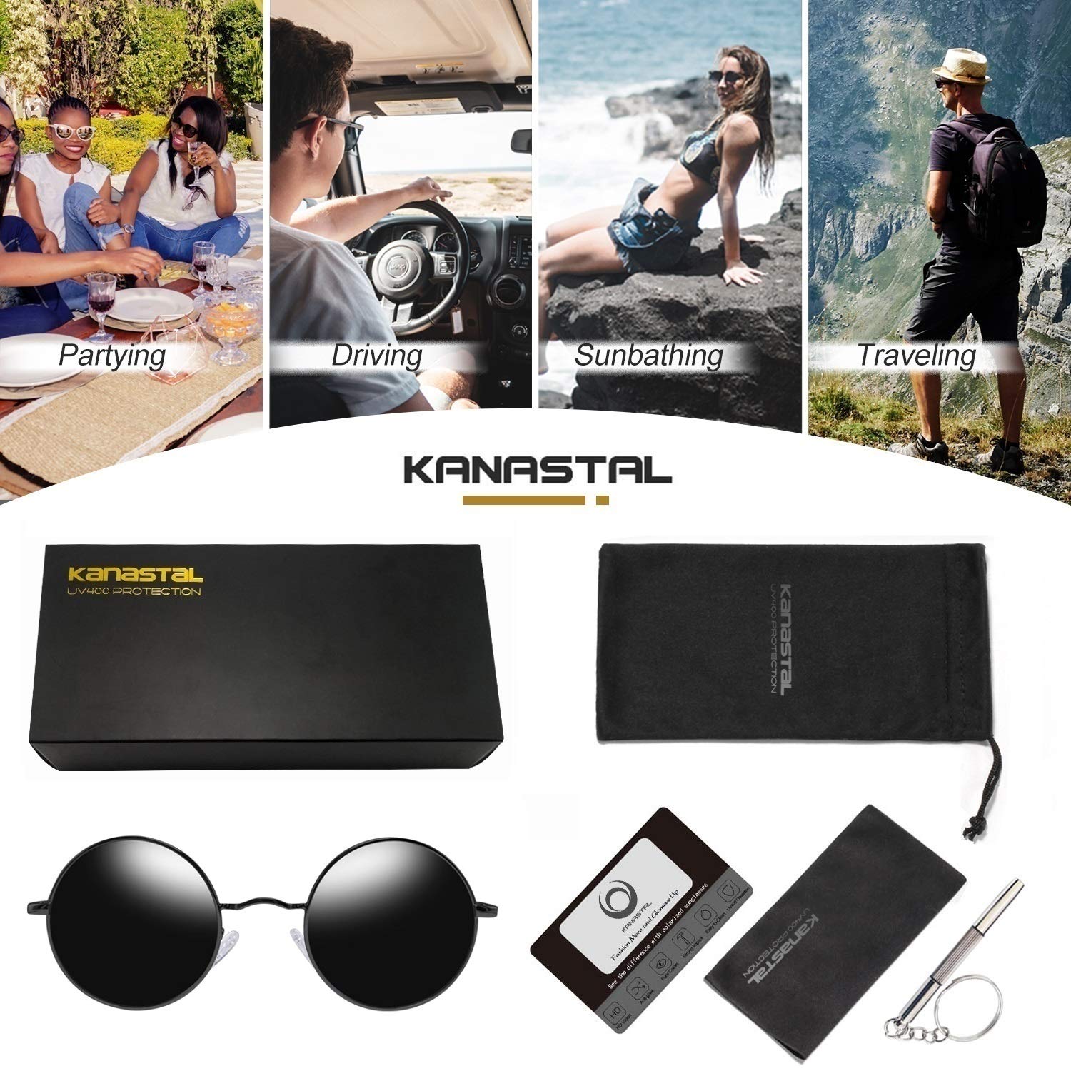 KANASTAL Small Round Sunglasses for Women Men Polarized UV400 Protection Metal Steampunk Vintage Halloween Decoration