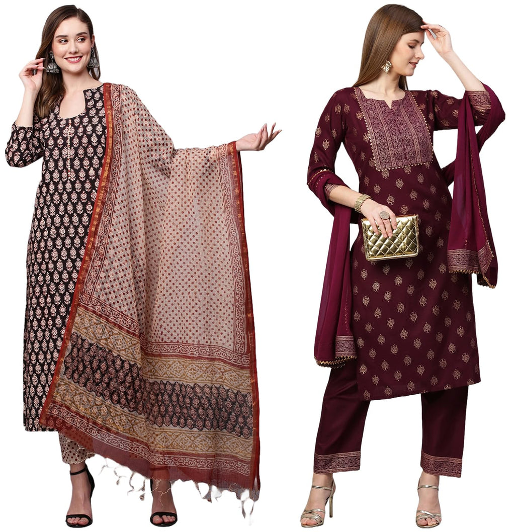 ANNI DESIGNER Women's Cotton Blend Printed Straight Kurta with Pant & Dupatta Pack of 2 (Combo-Nayantara Black-Coco-Wine_Multico