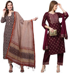 ANNI DESIGNER Women's Cotton Blend Printed Straight Kurta with Pant & Dupatta Pack of 2 (Combo-Nayantara Black-Coco-Wine_Multico