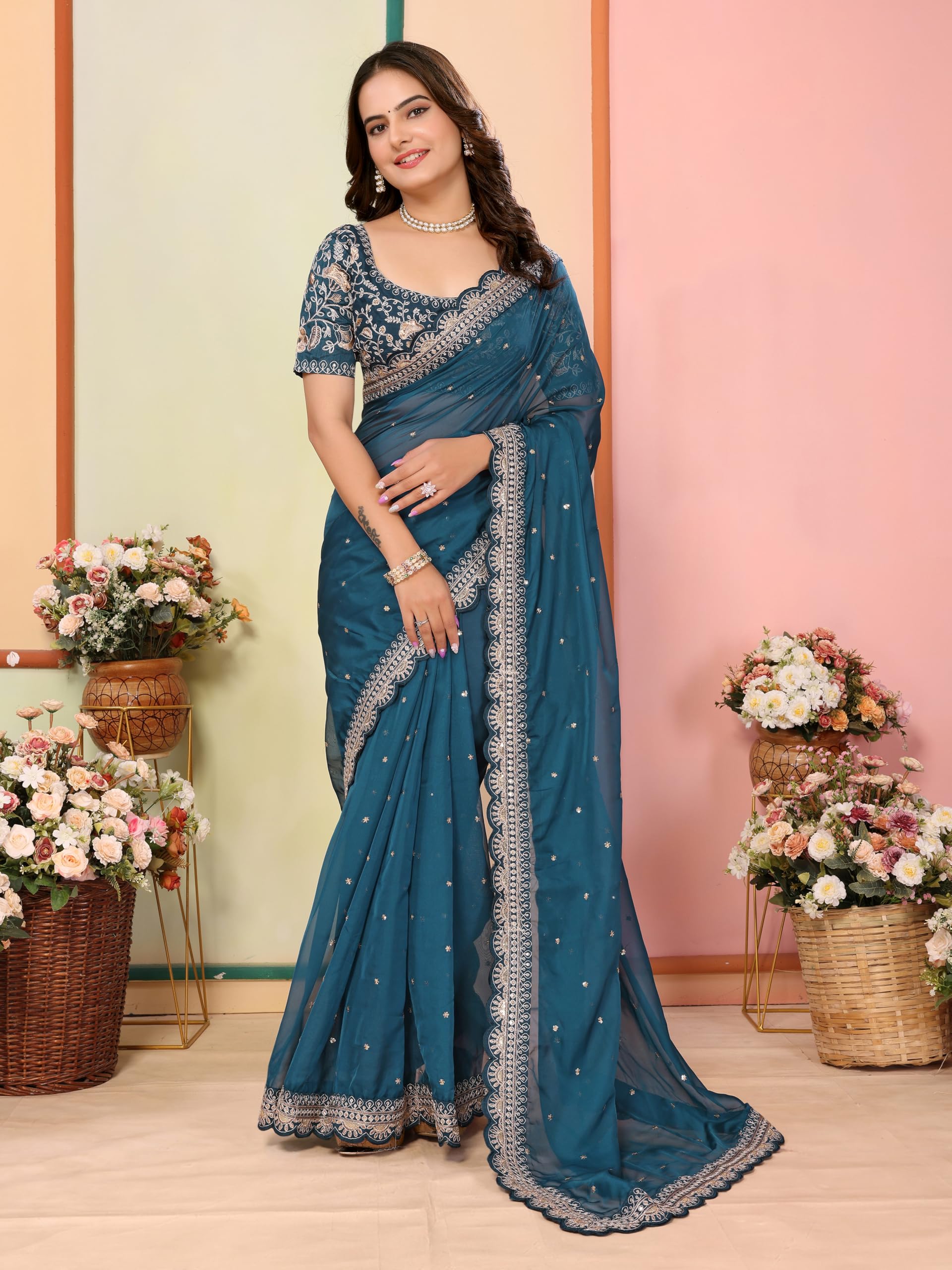 Vairagee Women Soft Organza Embroidery Saree With Unstiched Blouse