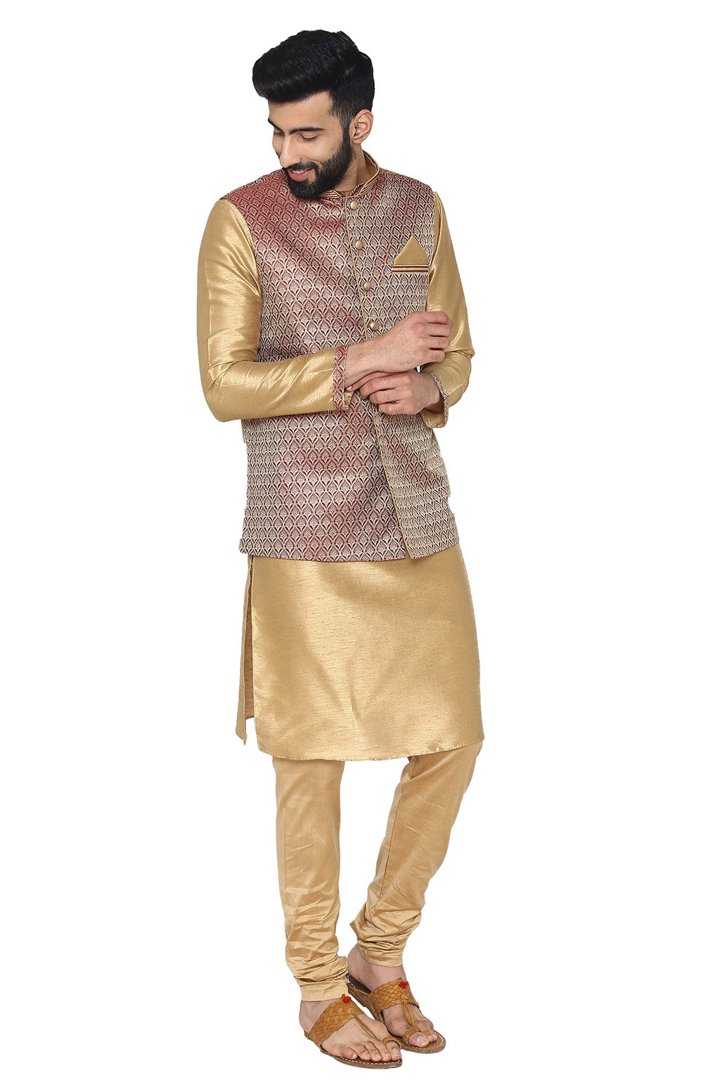 Manyavar MenS Silk Kurta Pyjama With Waist Coat (Jast076_Maroon_S)
