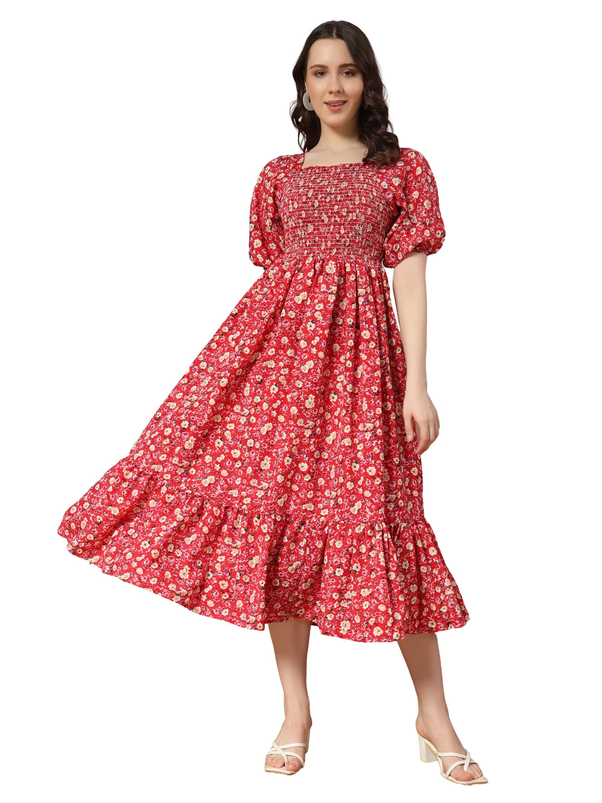 Kzully | Colorful Floral Print Midi Dress | Smocking And Elastic Comfort | Stylish Woman Wearing A Pretty Printed Flower | Trend