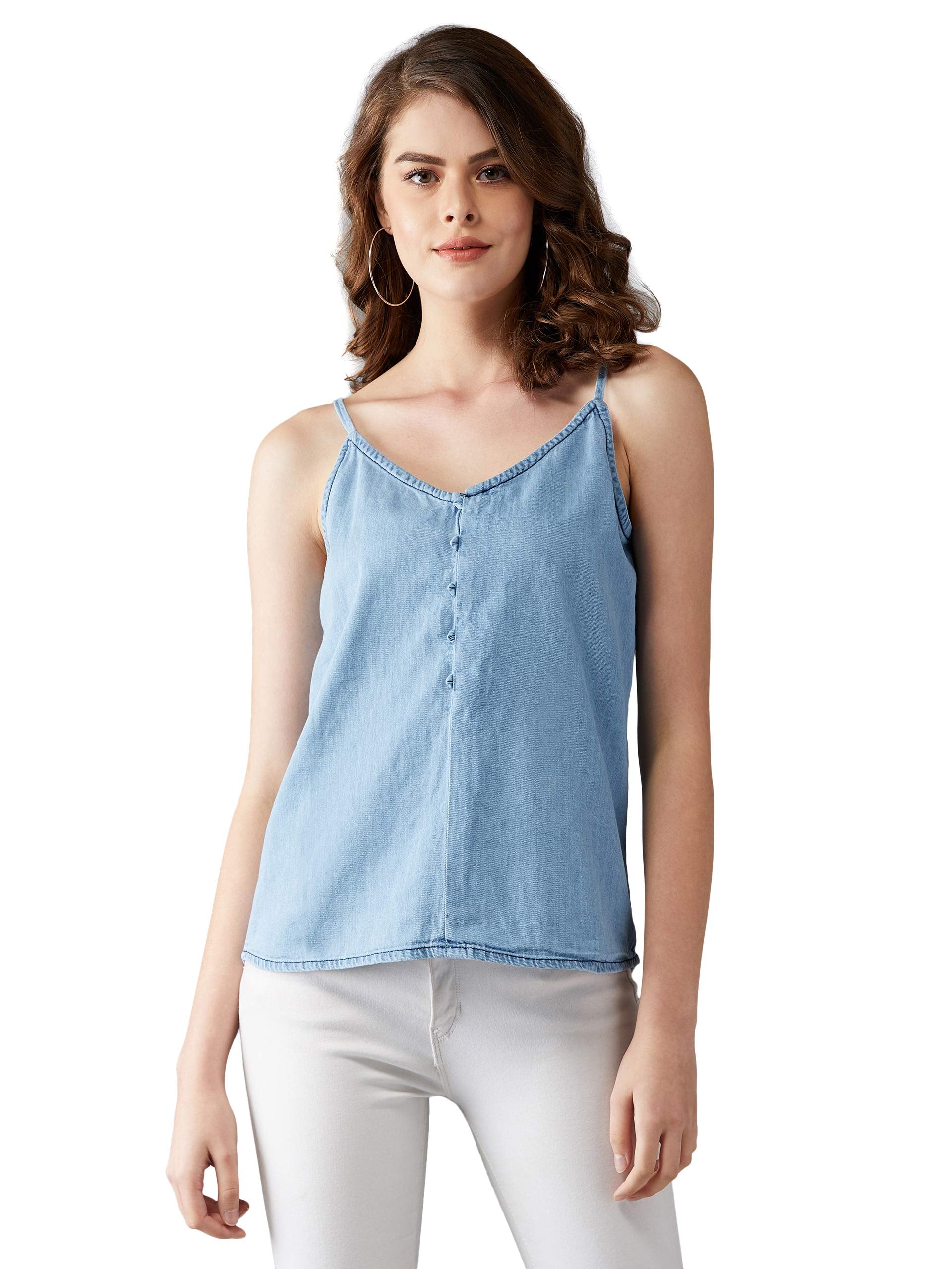 Dolce Crudo Womens Light Blue Solid Denim Top(DOAW17DEN03-05-158-05,Light Blue,Large)