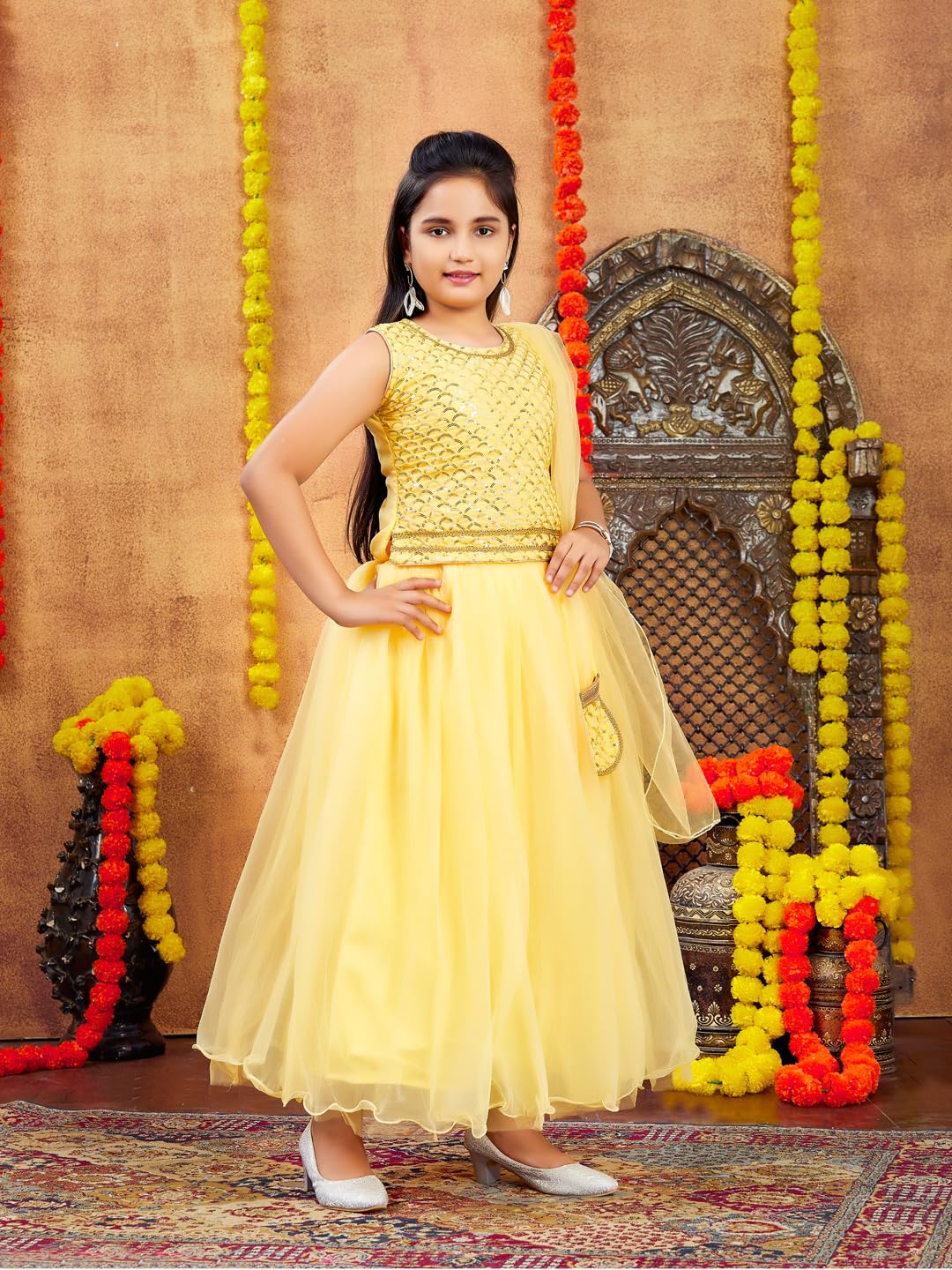 Aarika Girls Ethnic Wear Yellow Colour Sequin Embroidery Georgette Lehenga Choli Set Attached Bag (4-10 Years)