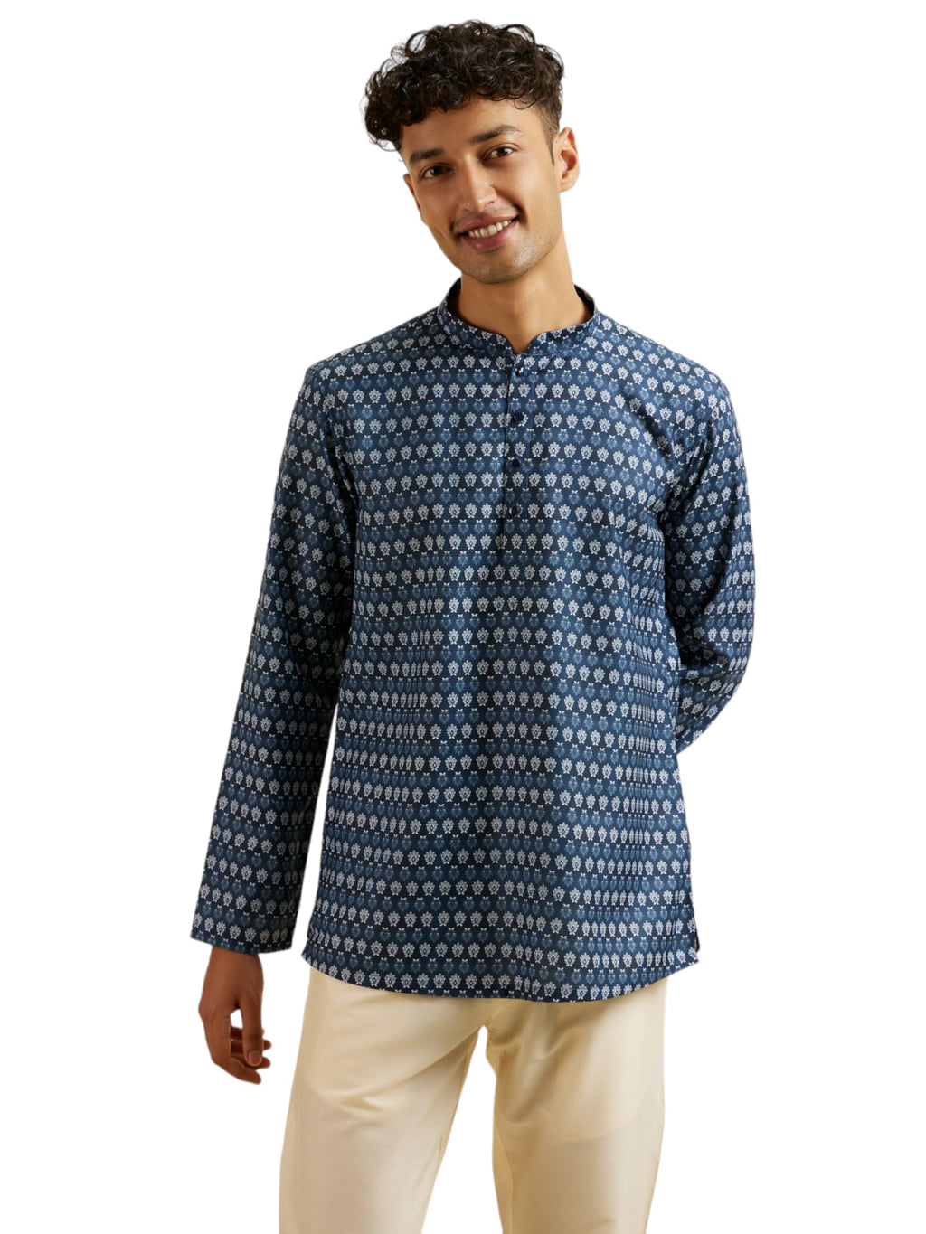 Manyavar MenS Cotton Blend Floral Print Short Kurta (Purple,Xl)