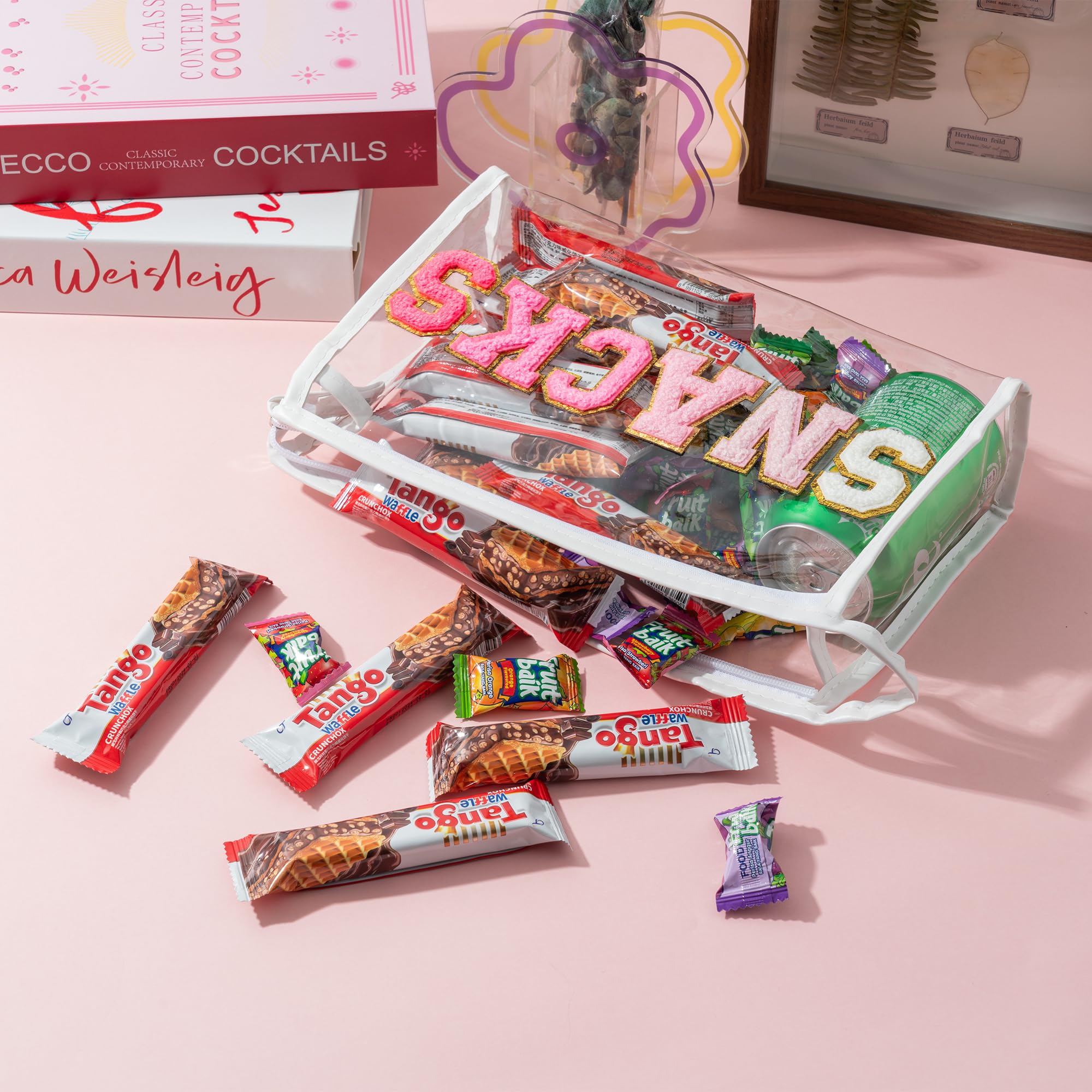 Y1tvei Large Clear SNACKS Pouch - Preppy Patch Rose Red Chenille Varsity Letter PVC Transparent Extra Large Cosmetic Makeup Bag