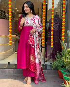 ANNI DESIGNER Womens Rayon Viscose Printed Straight Kurta with Pant & Dupatta (Kapasa Pink_L_Pink_Large)
