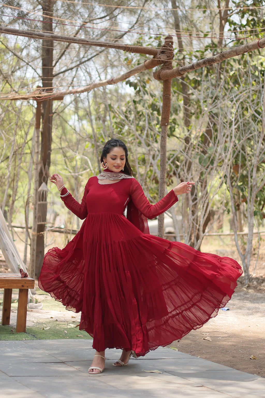 Fashion Basket WomenS Georgette Solid Anarkali Dress Maroon