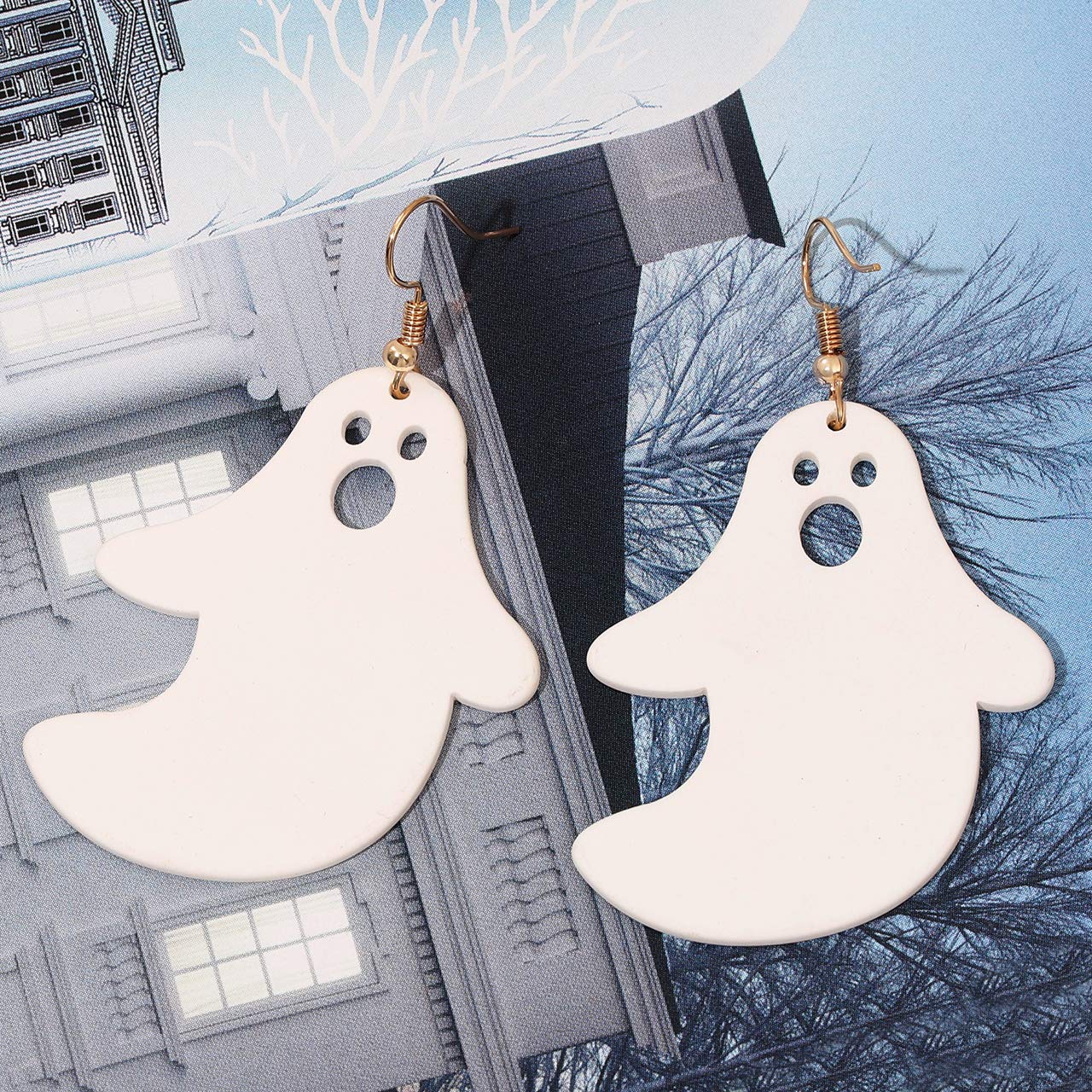 Boderier Ghost Earrings Halloween Black Tree and White Ghost Drop Earrings for Women (White Ghost)