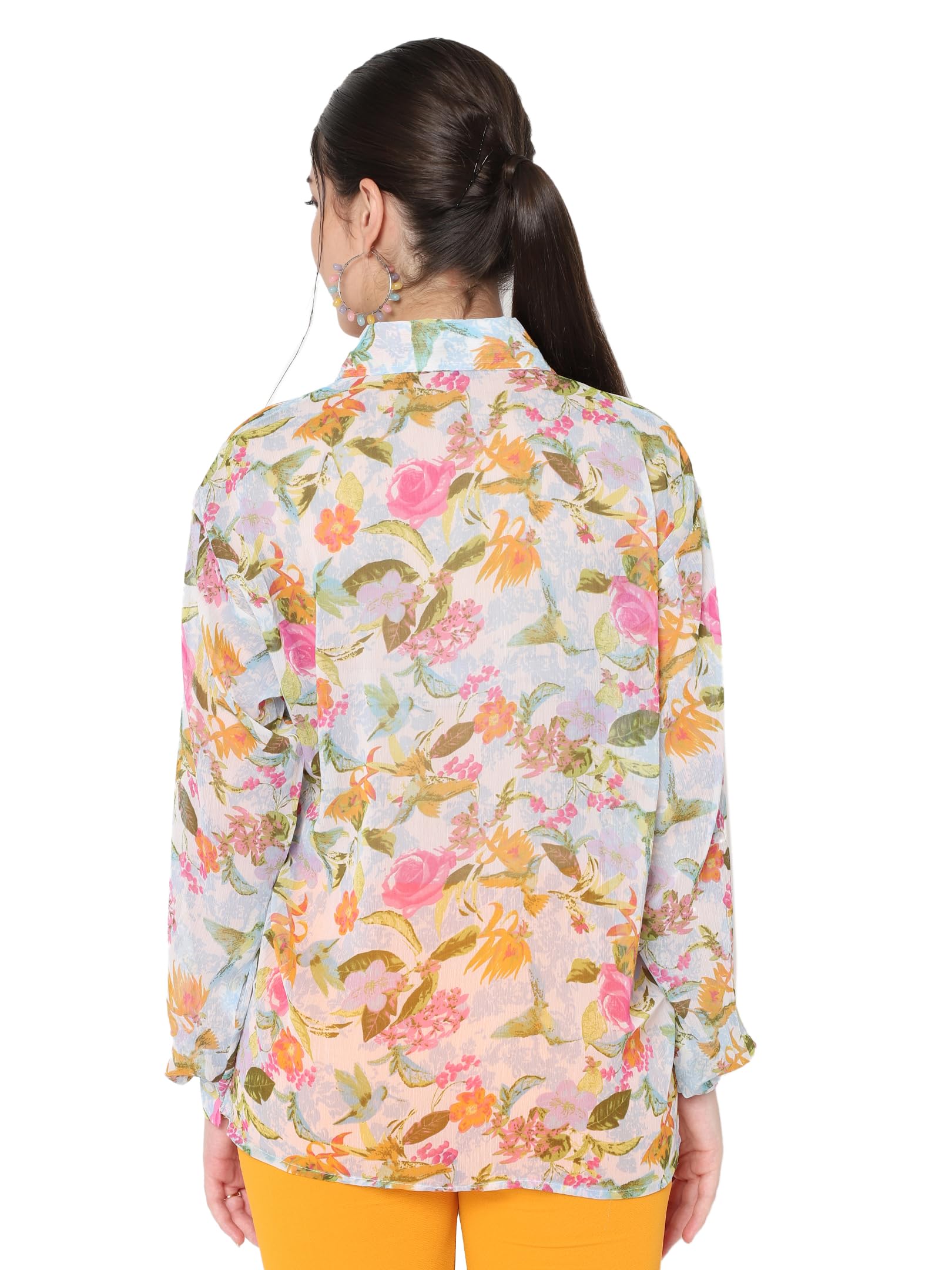 AVANOVA Sky Blue Floral Printed Chiffon Sheer Mesh Button Down Shirt Top Long Sleeve Drop Shoulder Blouse (Shirt 73 Sky Blue Flo
