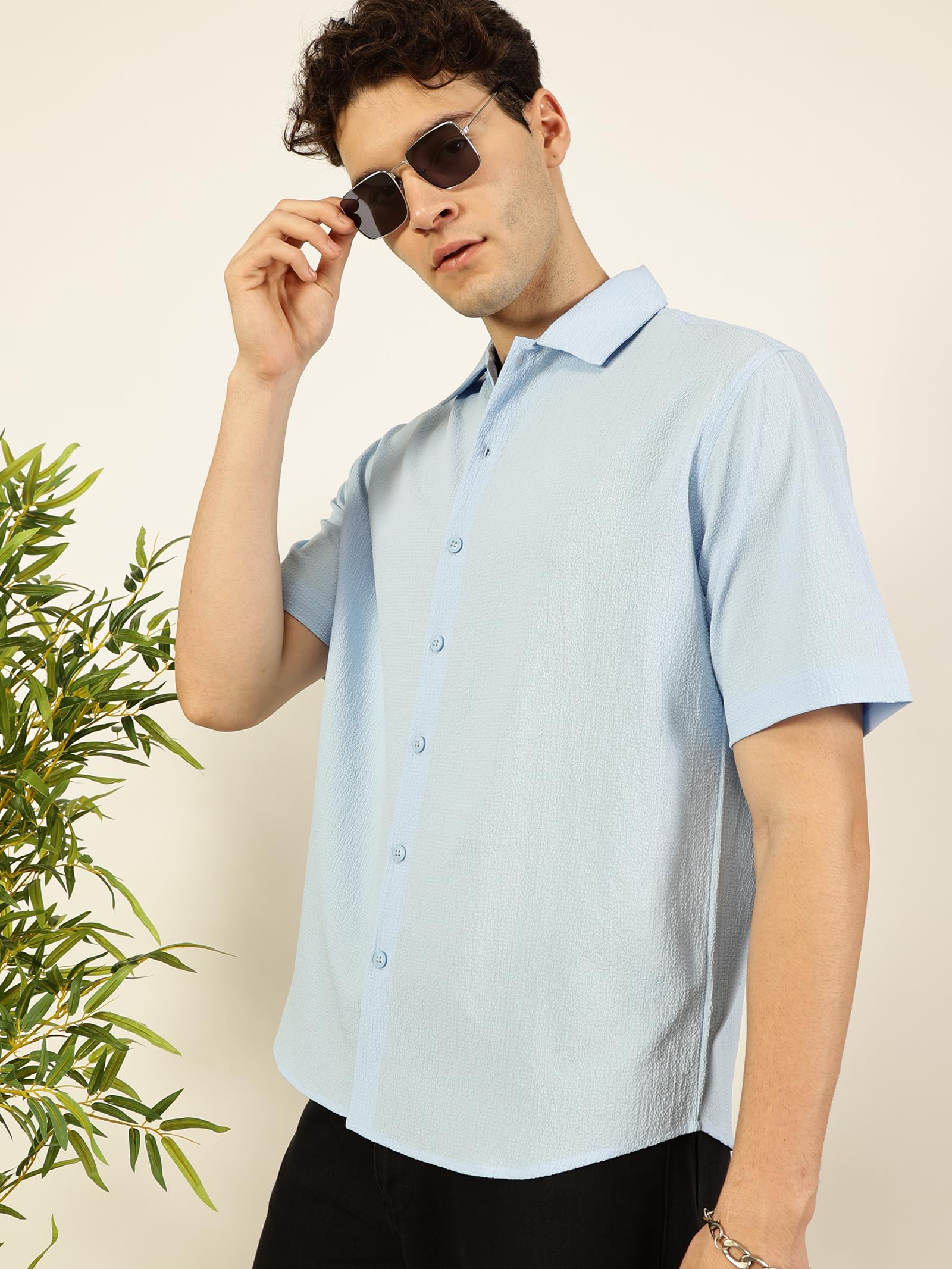 Thomas Scott Regular Fit Self Design Textured Cuban Collar Casual Shirt for Mens Light Blue