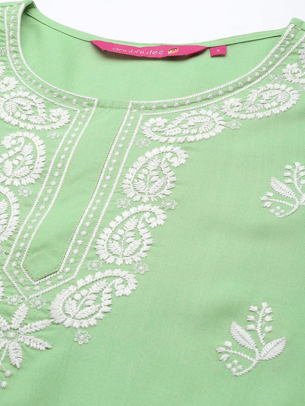 Anubhutee Women'S Viscose Rayon Green Thread Work Ethnic Motifs Embroidered Straight Kurta