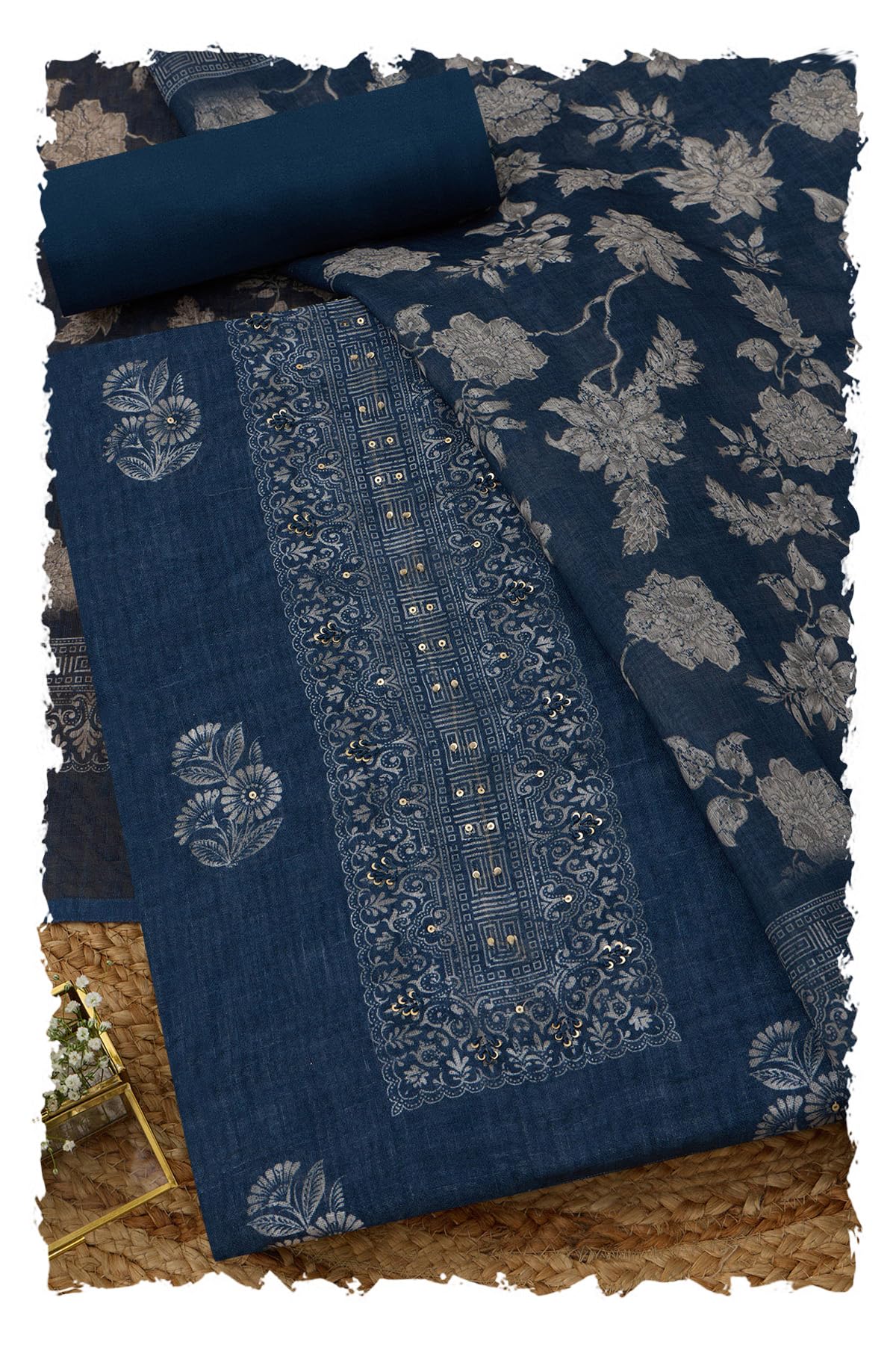 Soch Women Linen Floral Dress Material with Sequins