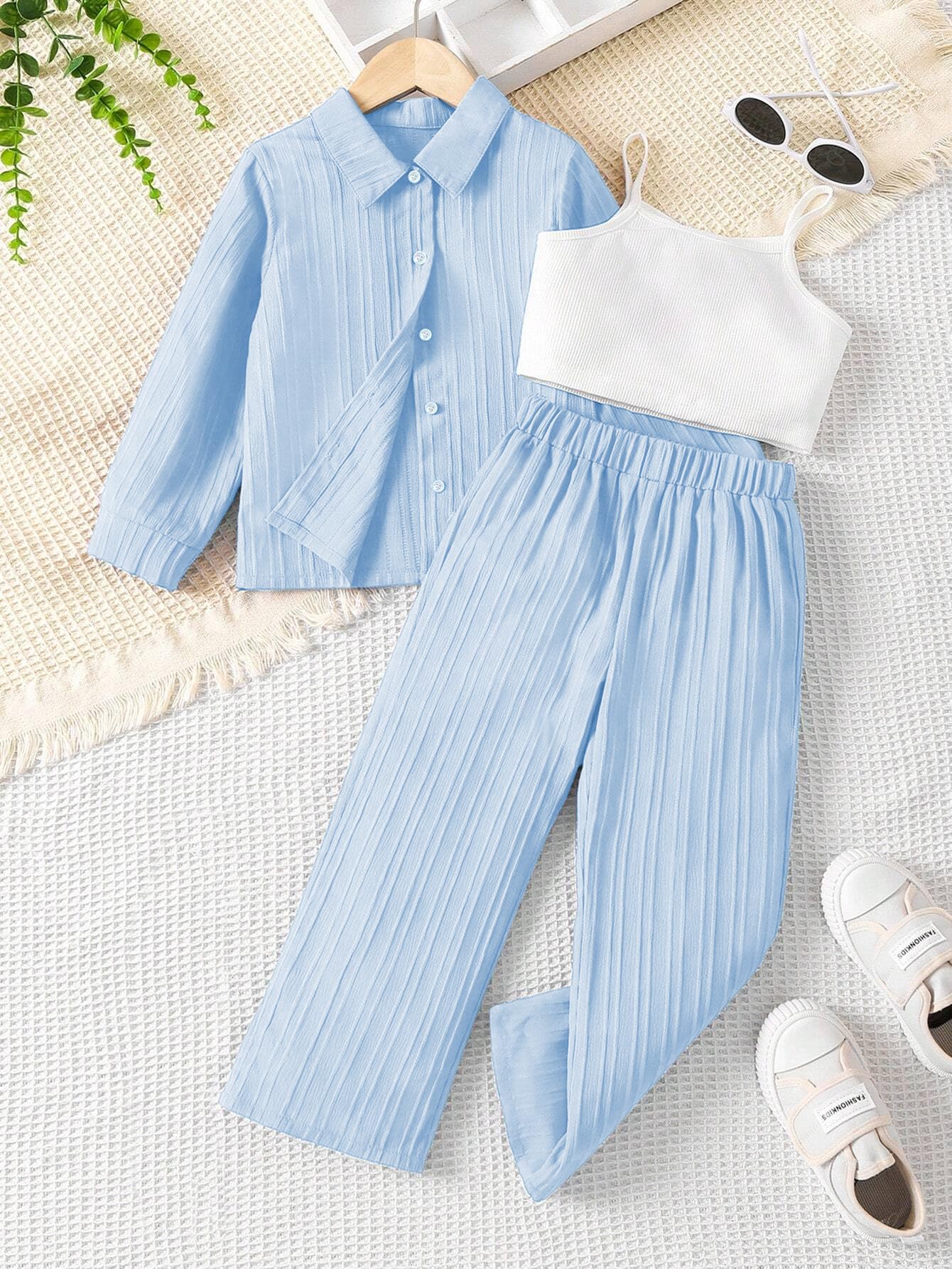 Tagas Girl Casual Simple Style Camisole Top, Long Sleeve Shirt And Straight Pants || COORDINATED_OUTFIT FOR GIRLS ||3 Piece Set|