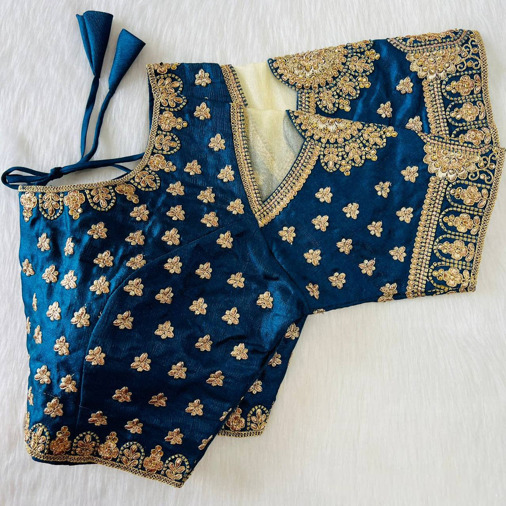Pujia Mills Womens Heavy Milan Silk Codding Embroidery with Diamond Work Net Cutwork Blouse