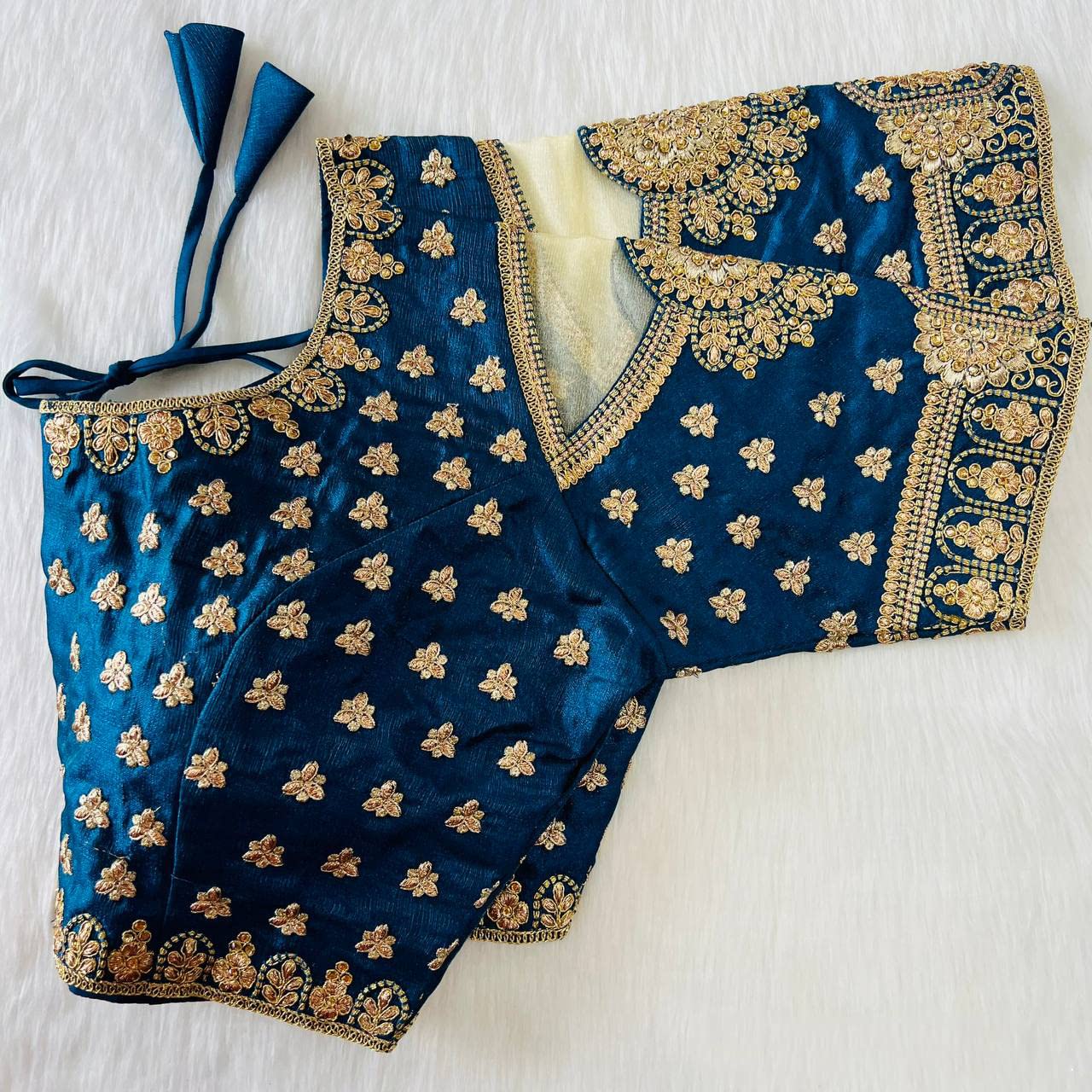 Pujia Mills Womens Heavy Milan Silk Codding Embroidery with Diamond Work Net Cutwork Blouse