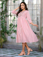 Rangita Women Pink Cotton Embroidered Flared Calf Length Dress_Xl