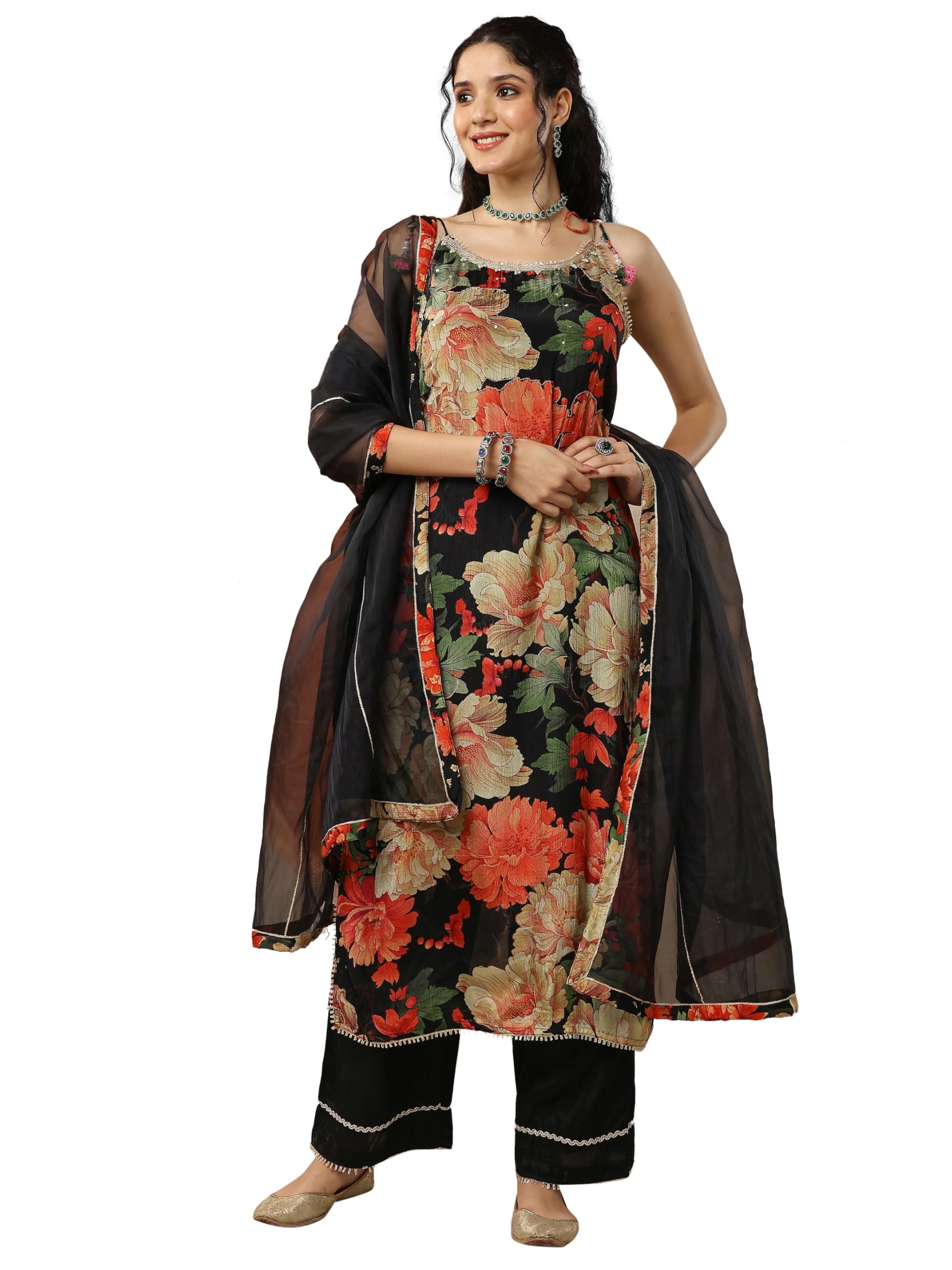 Gerua By Libas Printed Chinon Straight Kurta With Palazzo And Dupatta