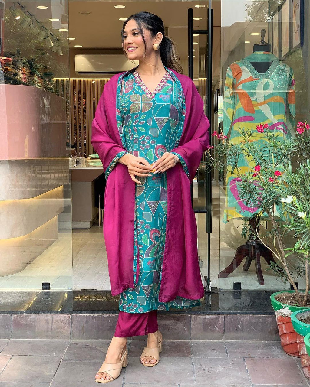 ANNI DESIGNER Womens Cotton Blend Straight Printed Kurta with Pant & Dupatta (Down-RAMA-Green_M_Green_Medium)