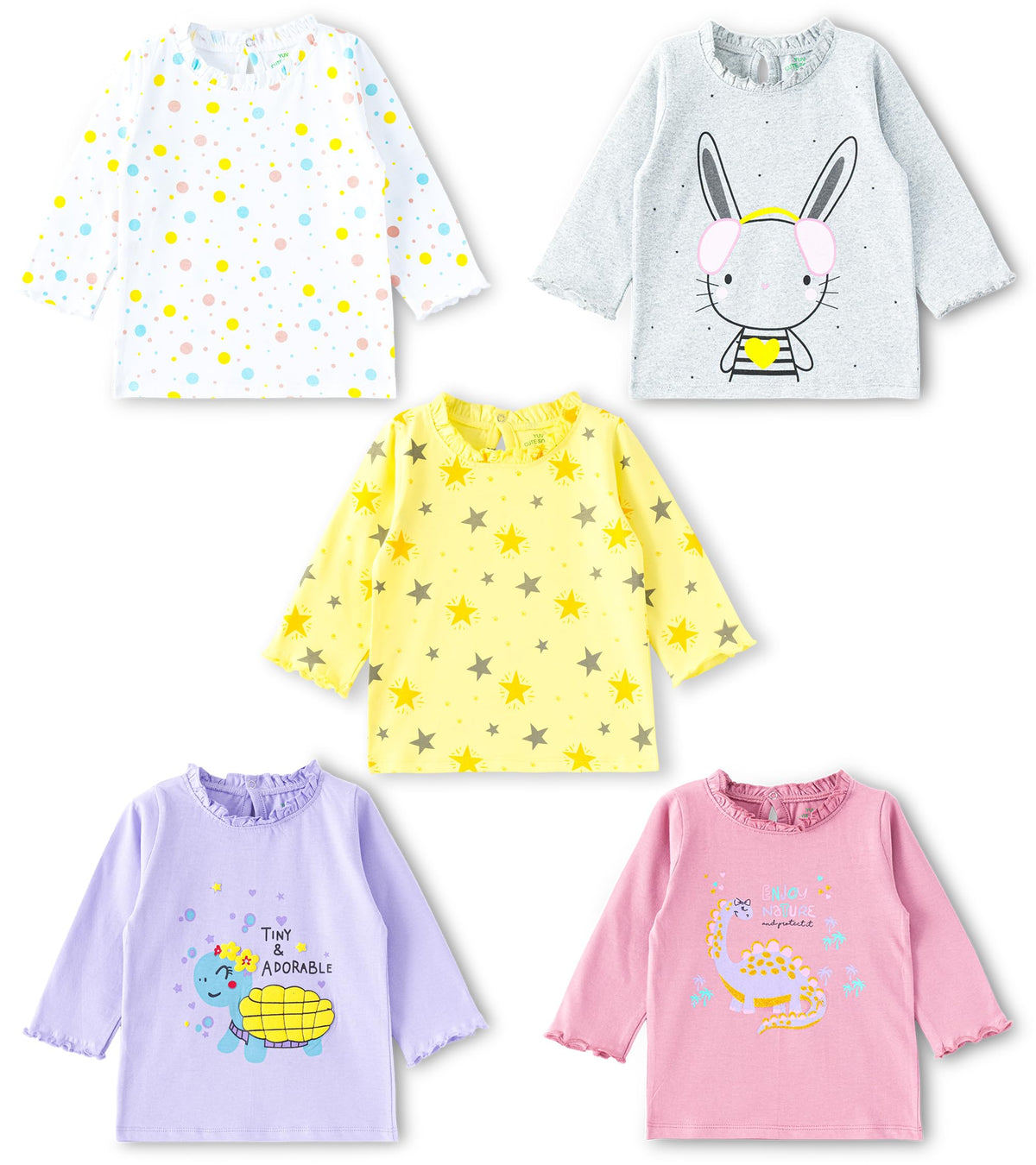 YUV Infant Baby Girls 100% Cotton TShirts, Long Sleeve, Ruffle Neck Design, Multicolor Pack of 5, All Weather Wear (in, Age, 18 18-24