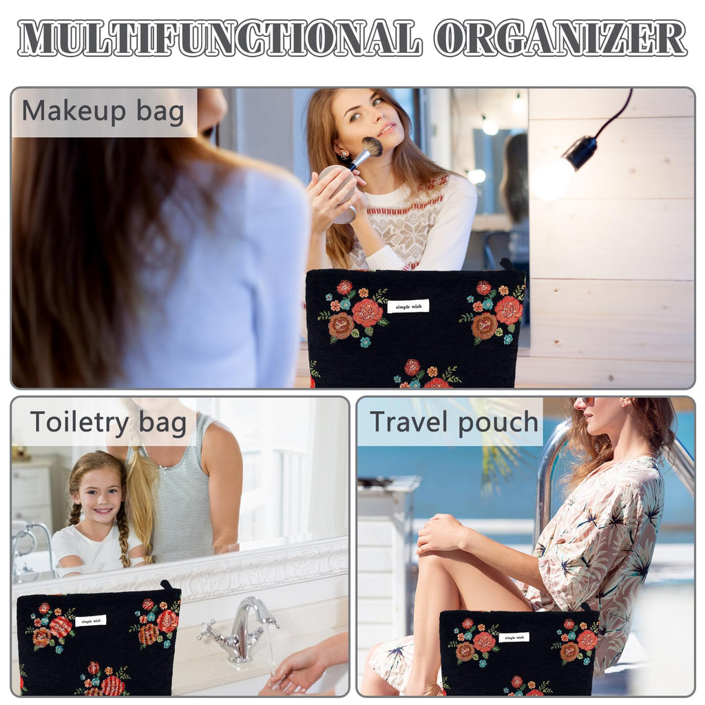 ZLFSRQ Makeup Bag Travel Cute Black Vintage Flower Floral Cosmetic Bags for Women Large Embroidery Toiletry Pouch Zipper Cosmeti