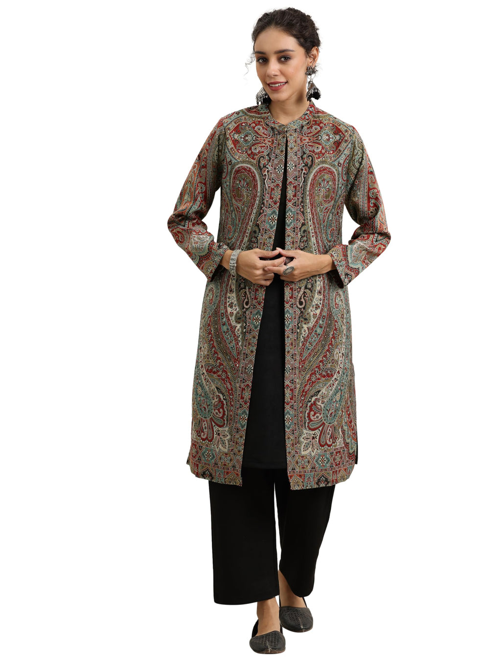 Libas Womens Woven Design Wool Straight Kurta With Palazzos And Jacket