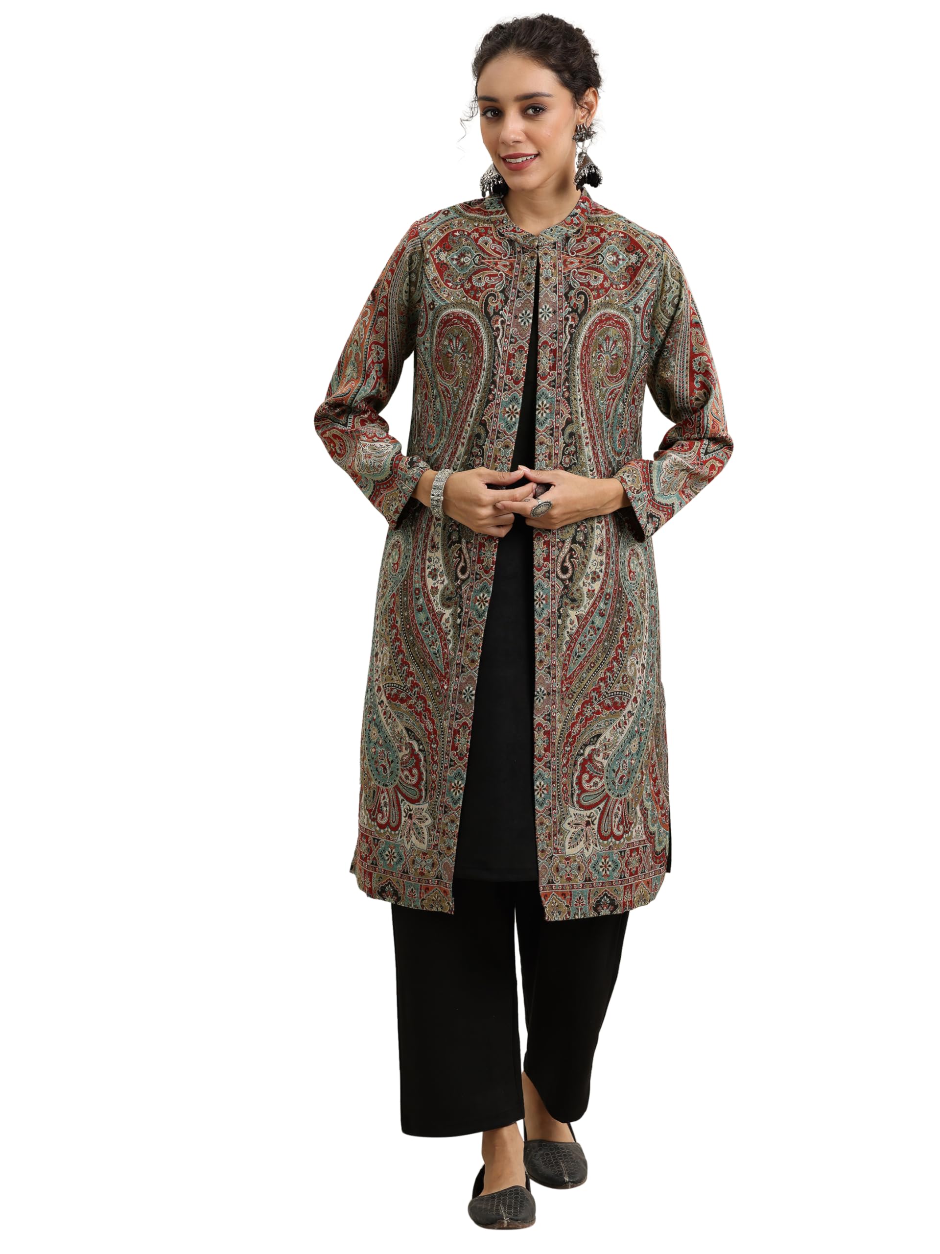 Libas Womens Woven Design Wool Straight Kurta With Palazzos And Jacket