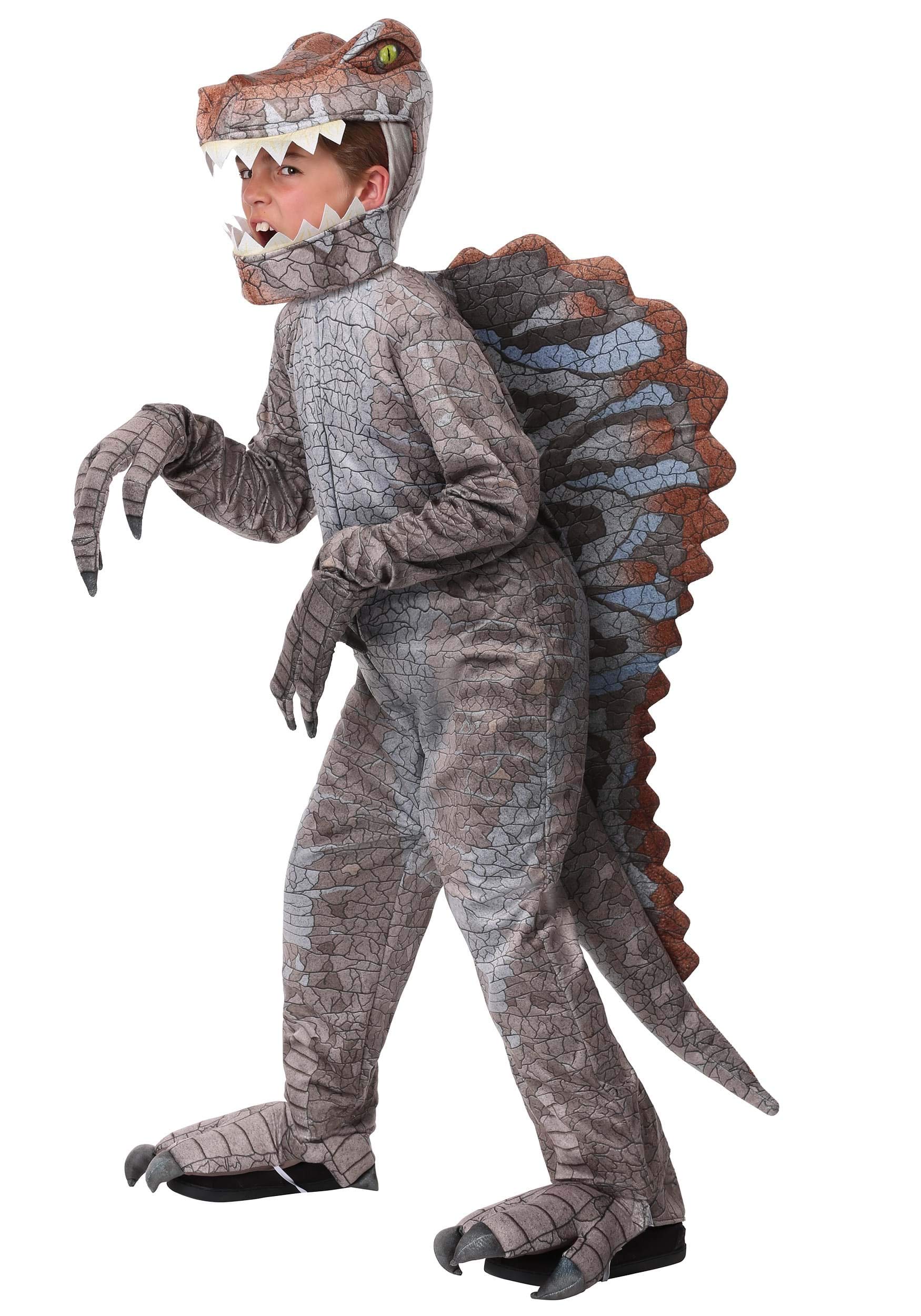 Fun Costumes - Kids Spinosaurus Costume, Prehistoric Childrens Dinosaur Jurassic Halloween Outfit (Medium Bundle w/Egg Bag, Gray