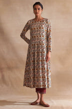 W For Woman Beige Block Print Pleated Longline Kurta