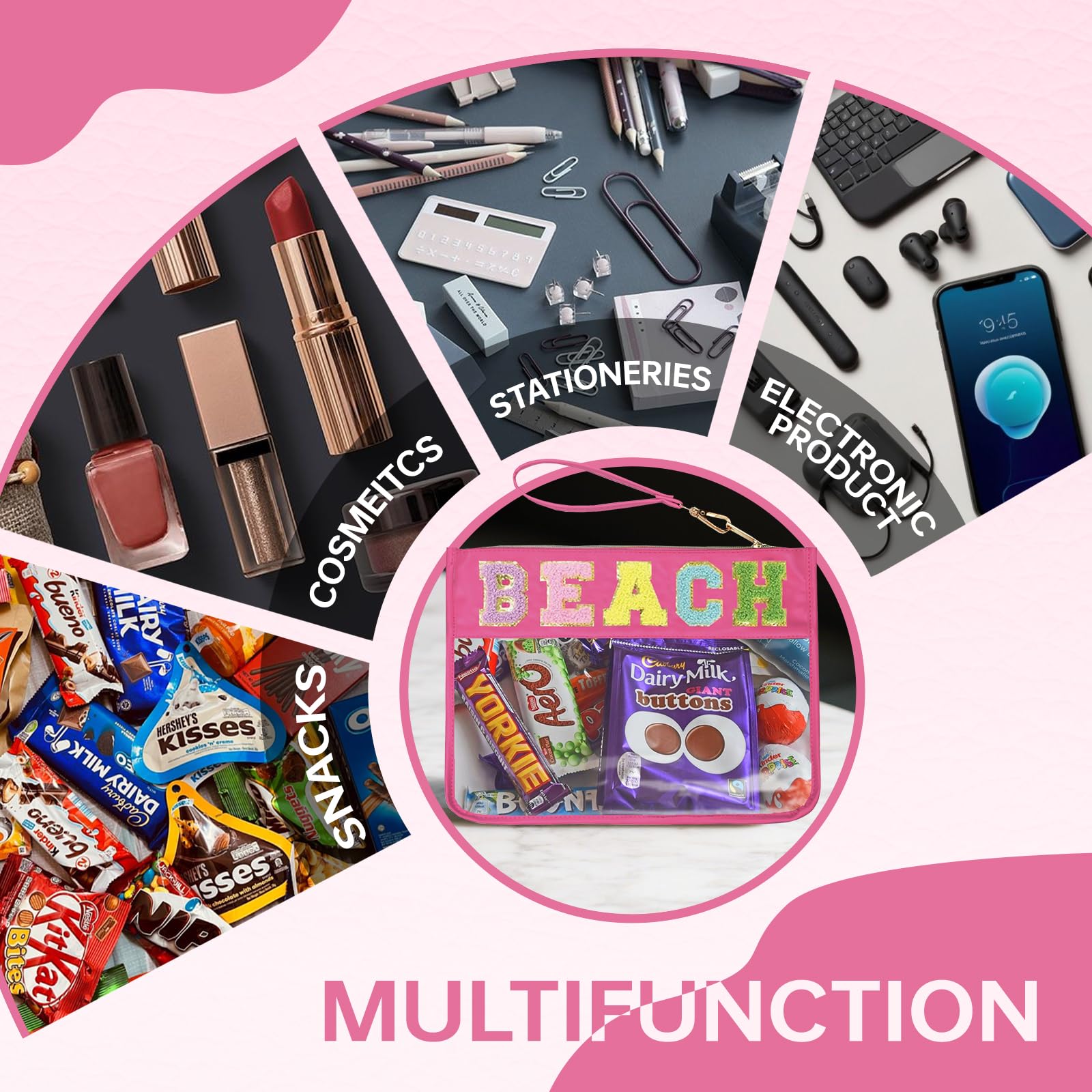 Burskit Beach Bag,Sunscreen Bag, Chenille Letter Clear Zipper Pouch for Travel Preppy Patch Makeup Bag-Nylon Cosmetic Preppy Mak