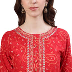 Ishin Women'S Pure Cotton Red Embroidered & Sequinned A-Line Kurta Suit Set With Dupatta & Sharara
