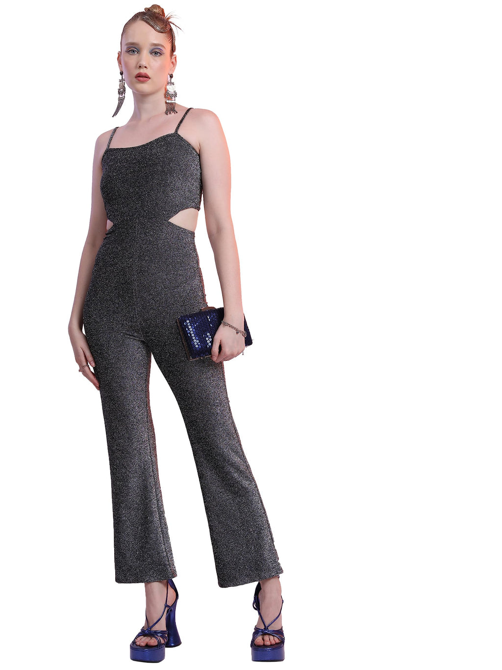 Ketch Polyester Blend Womens Fashion Wear Party Fit Jump Suit Standard Length Dress (Khjs000025_Silver/Black_Xl)