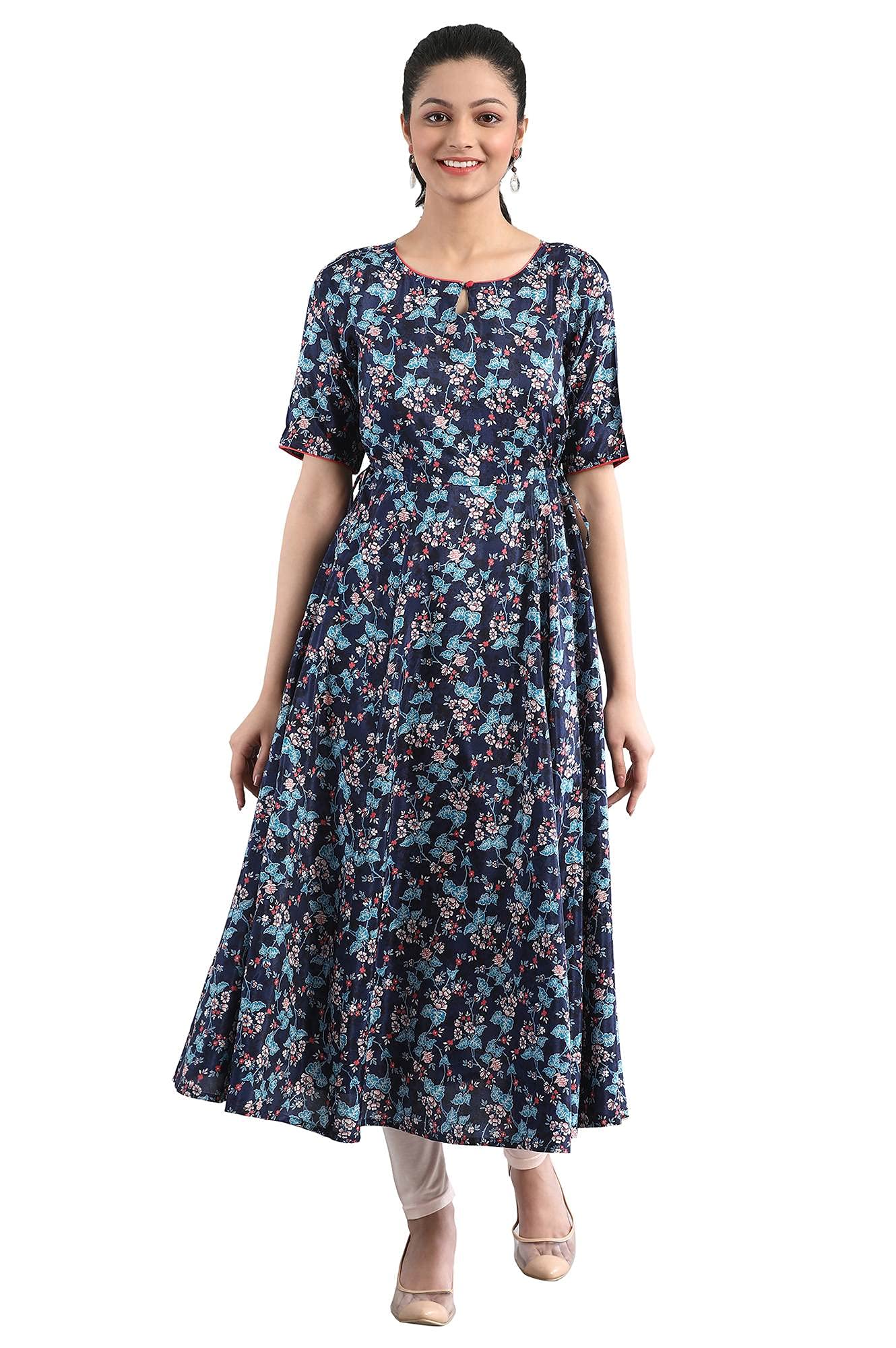 Aurelia WomenS Polyester Navy Geometric Round Neck Flared Kurta_21Fea12287-503261_S