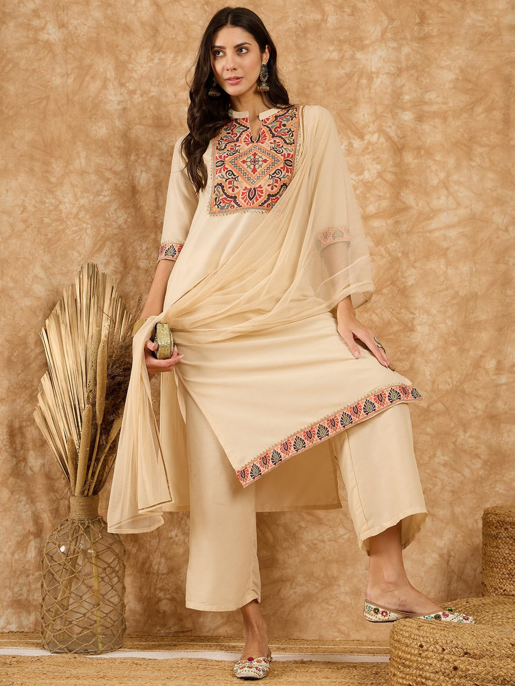 Ziyaa Art Silk Women'S Cream Chinon Kurta,Palazzo Set With Dupatta