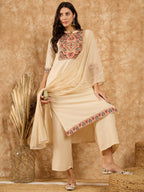 Ziyaa Art Silk Women'S Cream Chinon Kurta,Palazzo Set With Dupatta