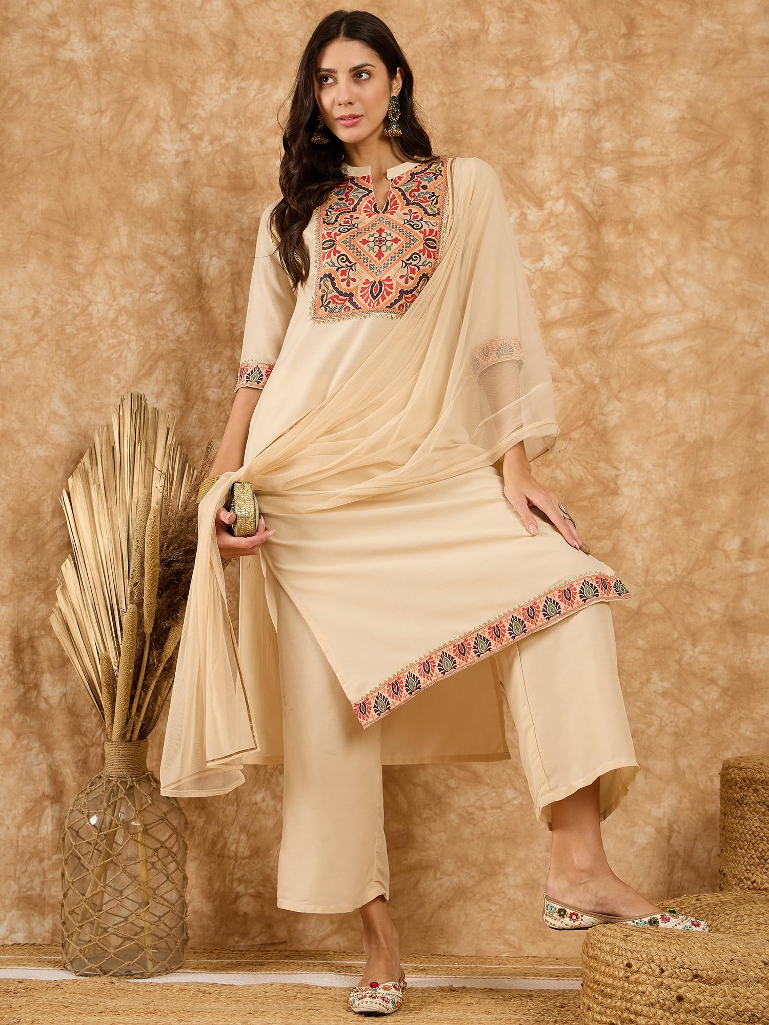 Ziyaa Art Silk Women'S Cream Chinon Kurta,Palazzo Set With Dupatta