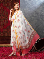 GoSriKi Women s Cotton Blend Printed Straight Kurta with Trousers and Dupatta