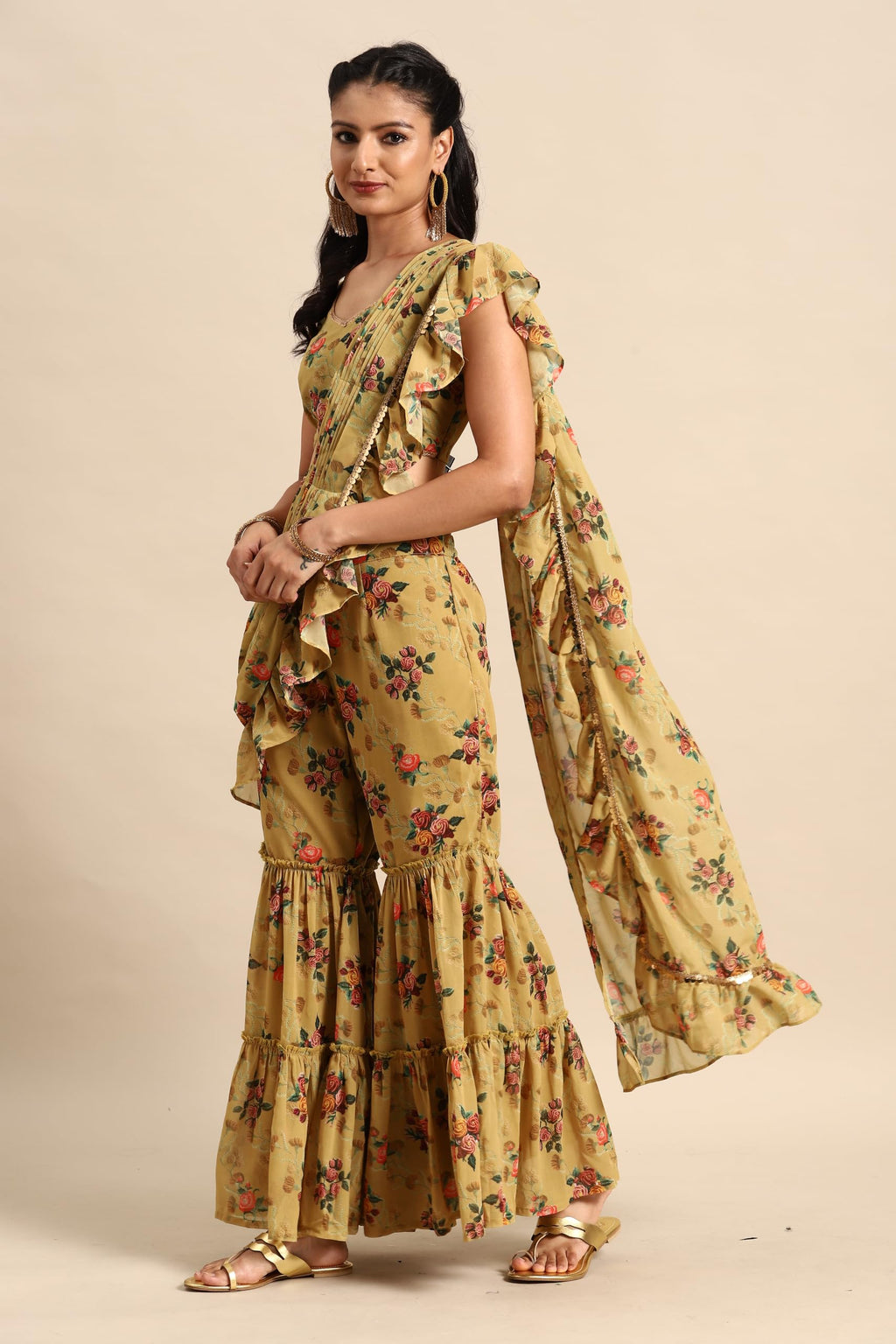 Libas WomenS Georgette Saree (34490_Olive)