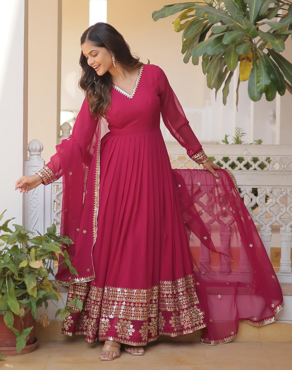 Fashion Basket Havy Georgette Embroidered Anarkali Dress For Women Pink