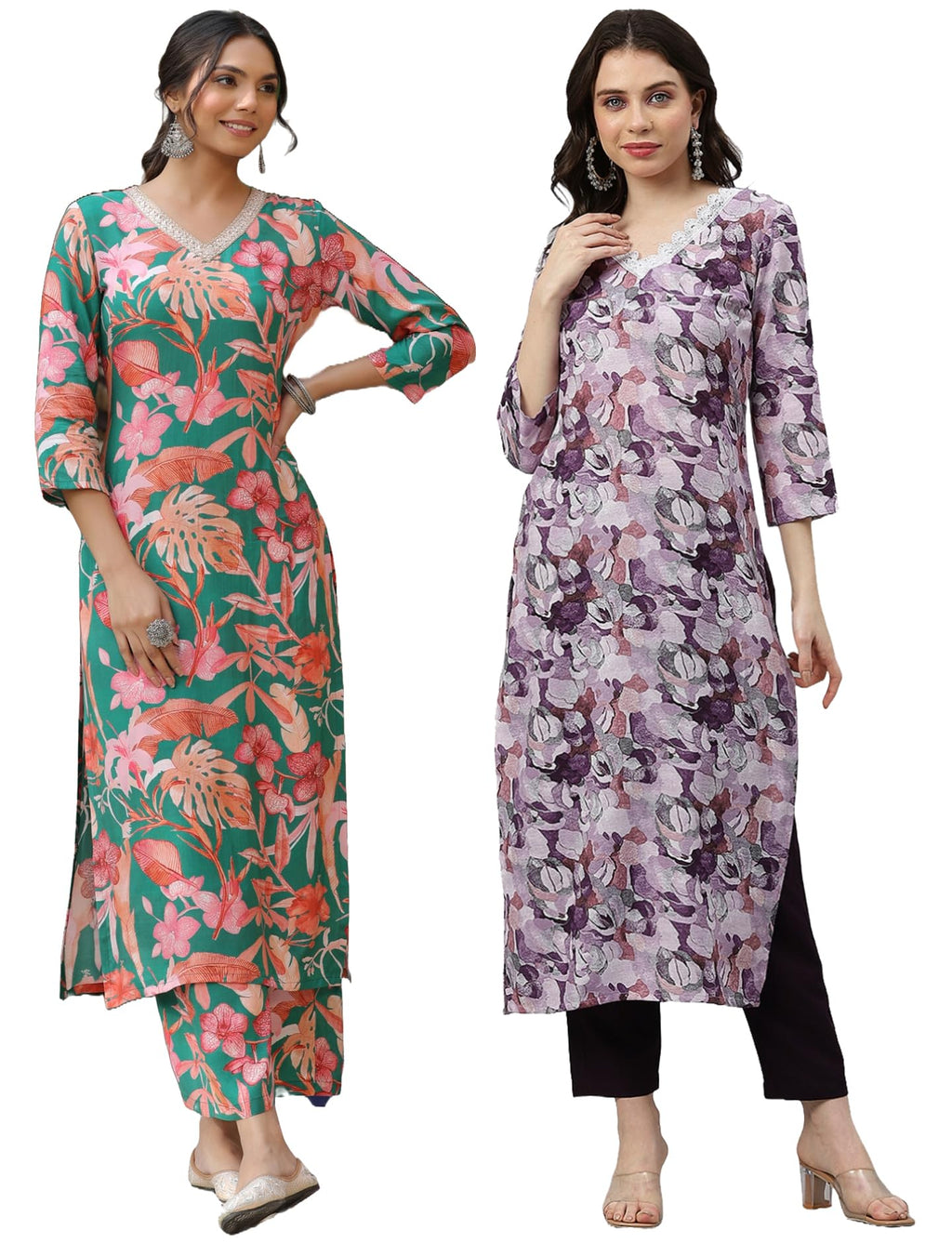 ANNI DESIGNER Womens Cotton Blend Printed Straight Kurta with Pant Pack of 2 (Chinki Green-SouthZ Purple_XL_Multi_X-Large)