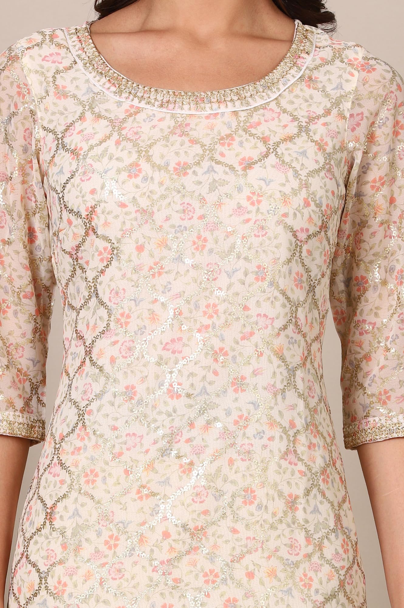 Aurelia Women'S Abstract Printed Georgette Regular Kurta With Embellished Neck