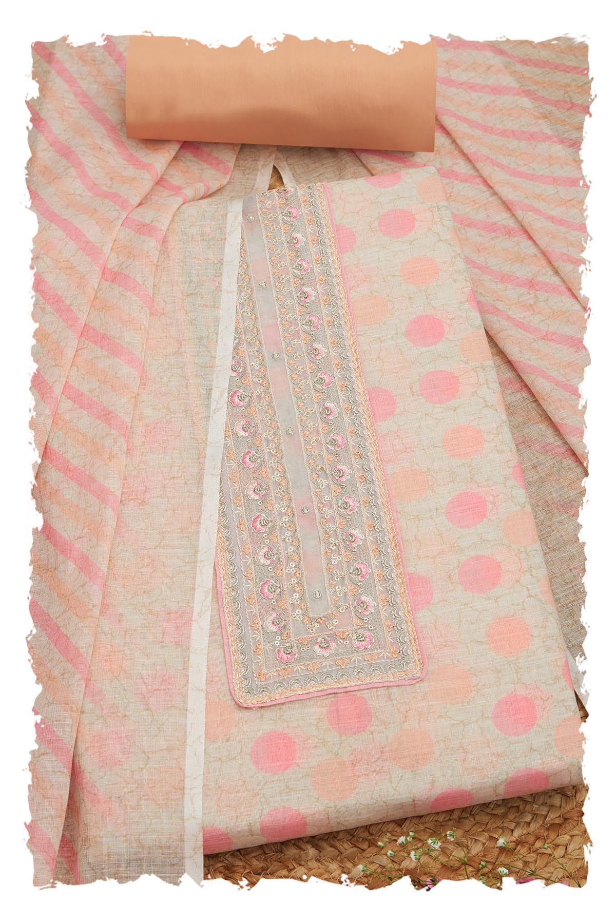Soch Women Linen Polka Dots Unstitched Dress Material with Zari