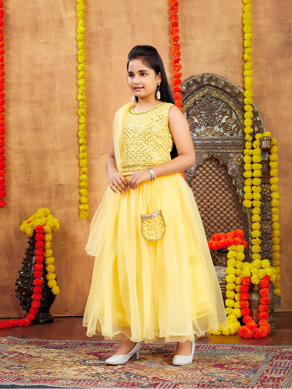Aarika Girls Ethnic Wear Yellow Colour Sequin Embroidery Georgette Lehenga Choli Set Attached Bag (4-10 Years)
