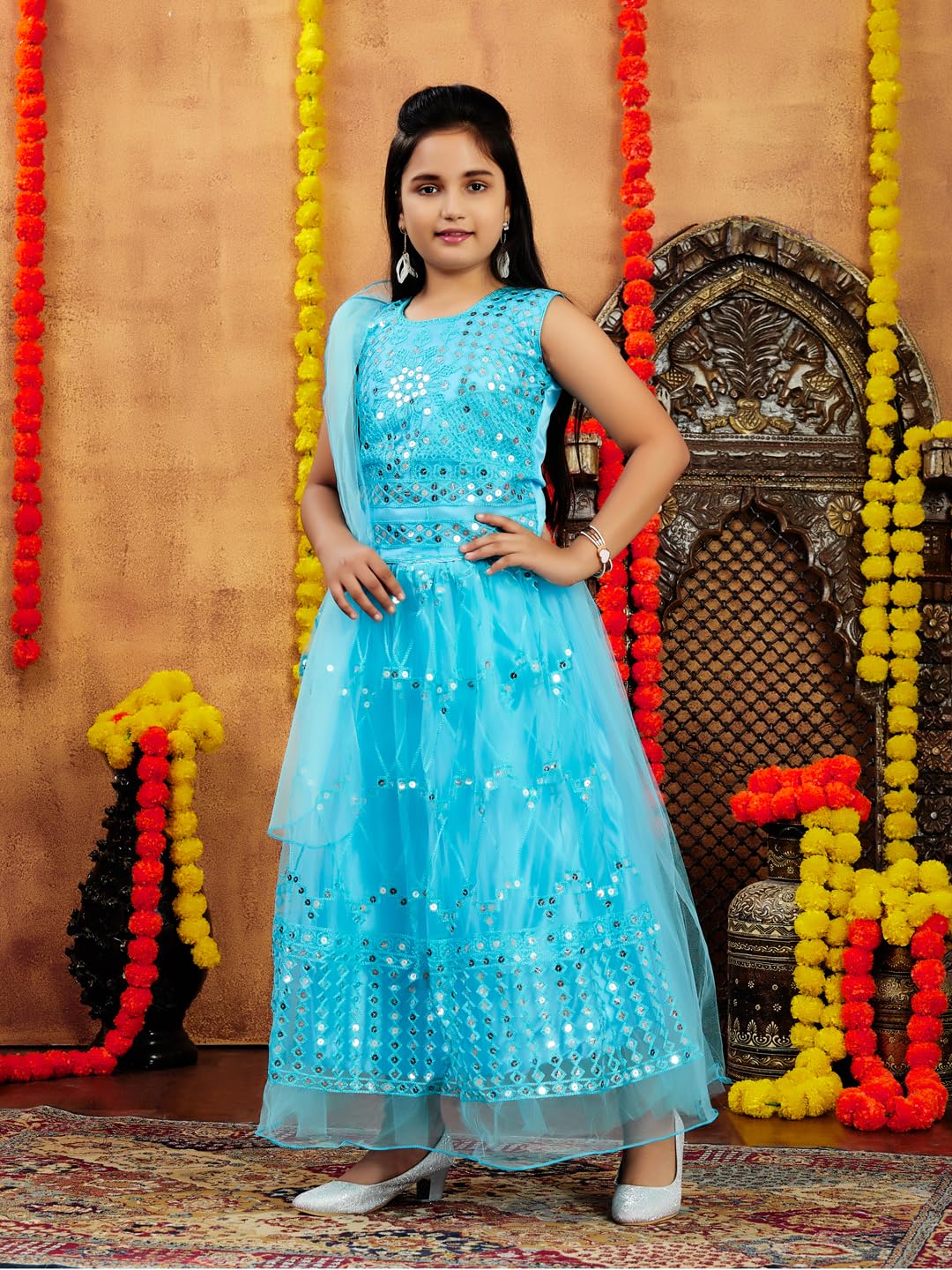 Aarika Girls Ethnic Wear Turquoise Colour Sequin Thread Embroidery Net Lehenga Choli Set (4-10 Years)