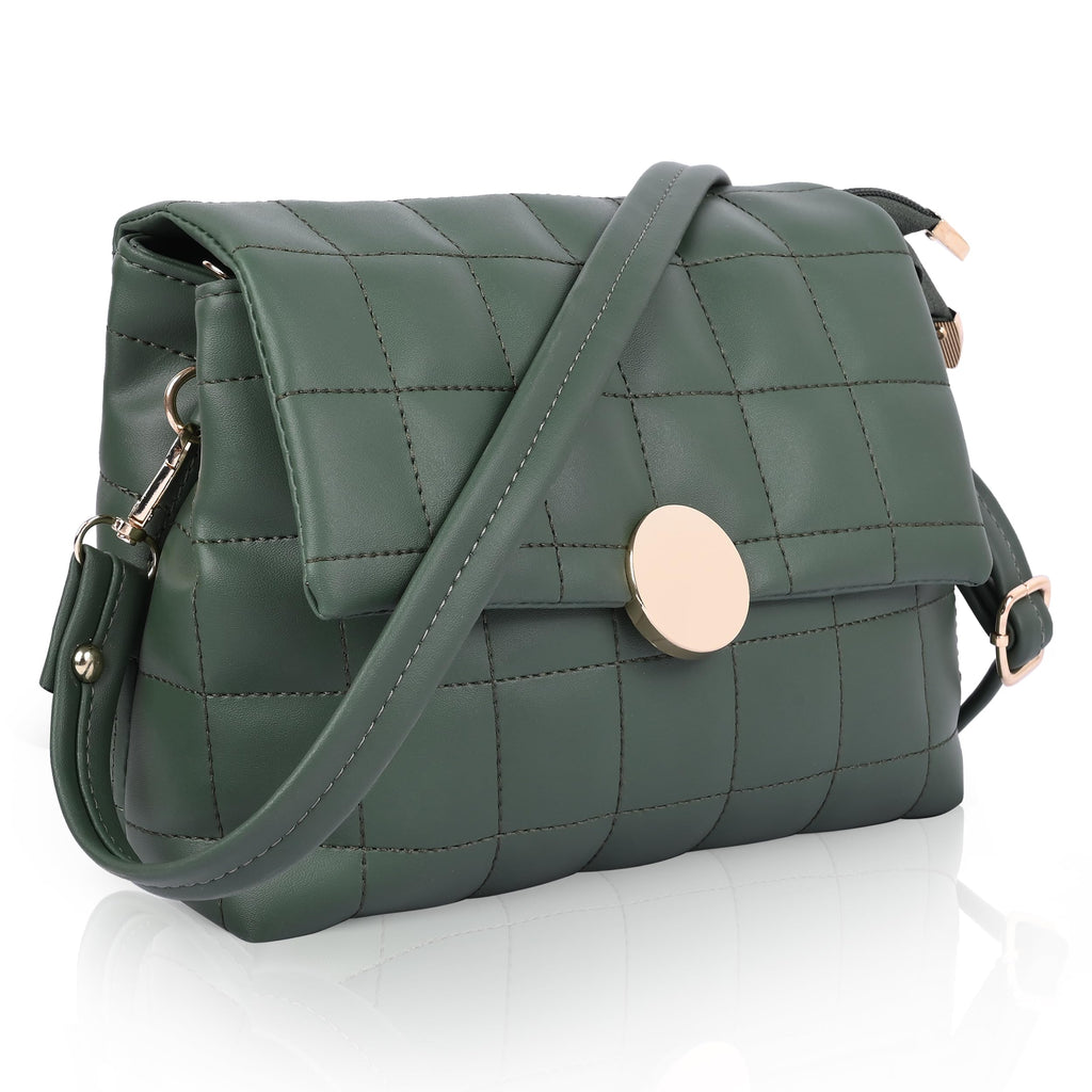 ADISA Womens Girls Quilted Cross Body Sling Bag with Height Adjustable Belt (SL5144) (Dark Green)