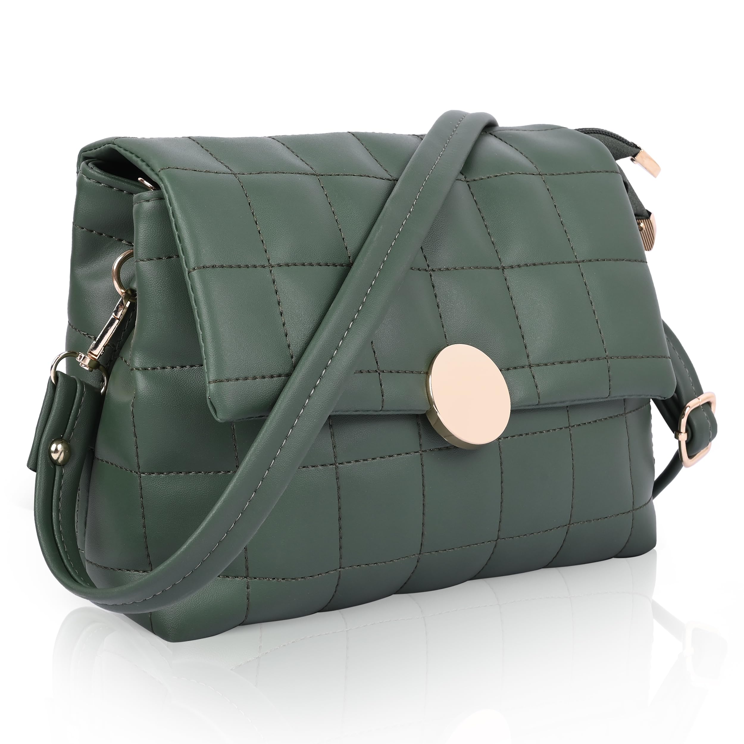 ADISA Womens Girls Quilted Cross Body Sling Bag with Height Adjustable Belt (SL5144) (Dark Green)