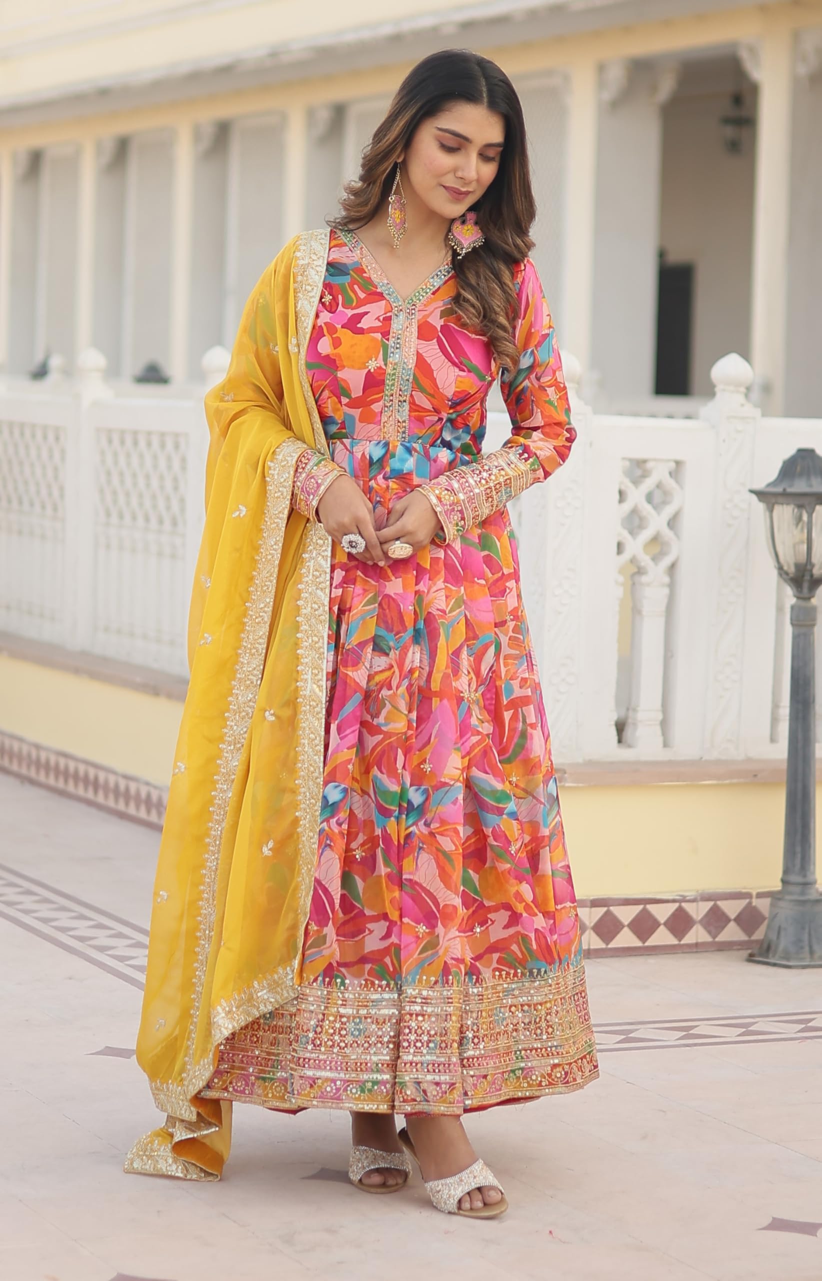 Fashion Basket Green Russian Silk Floral Print Anarkali Kurta Set For Women (In, Alpha, 2Xl, Regular, Standard, Pink)