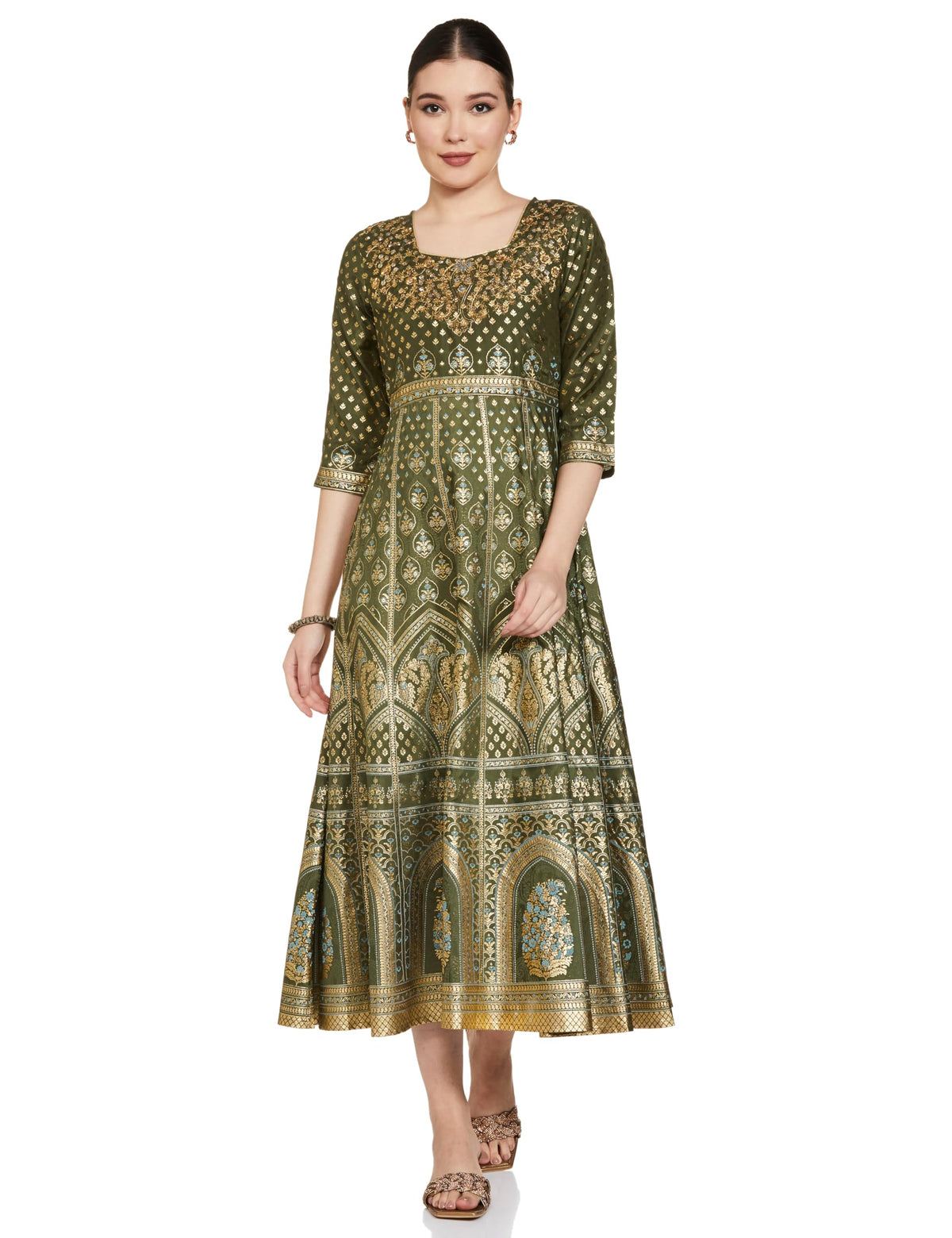 Aurelia WomenS Polyester Green Floral Printed Dress Midi (22Fea13206-504221 Xl)