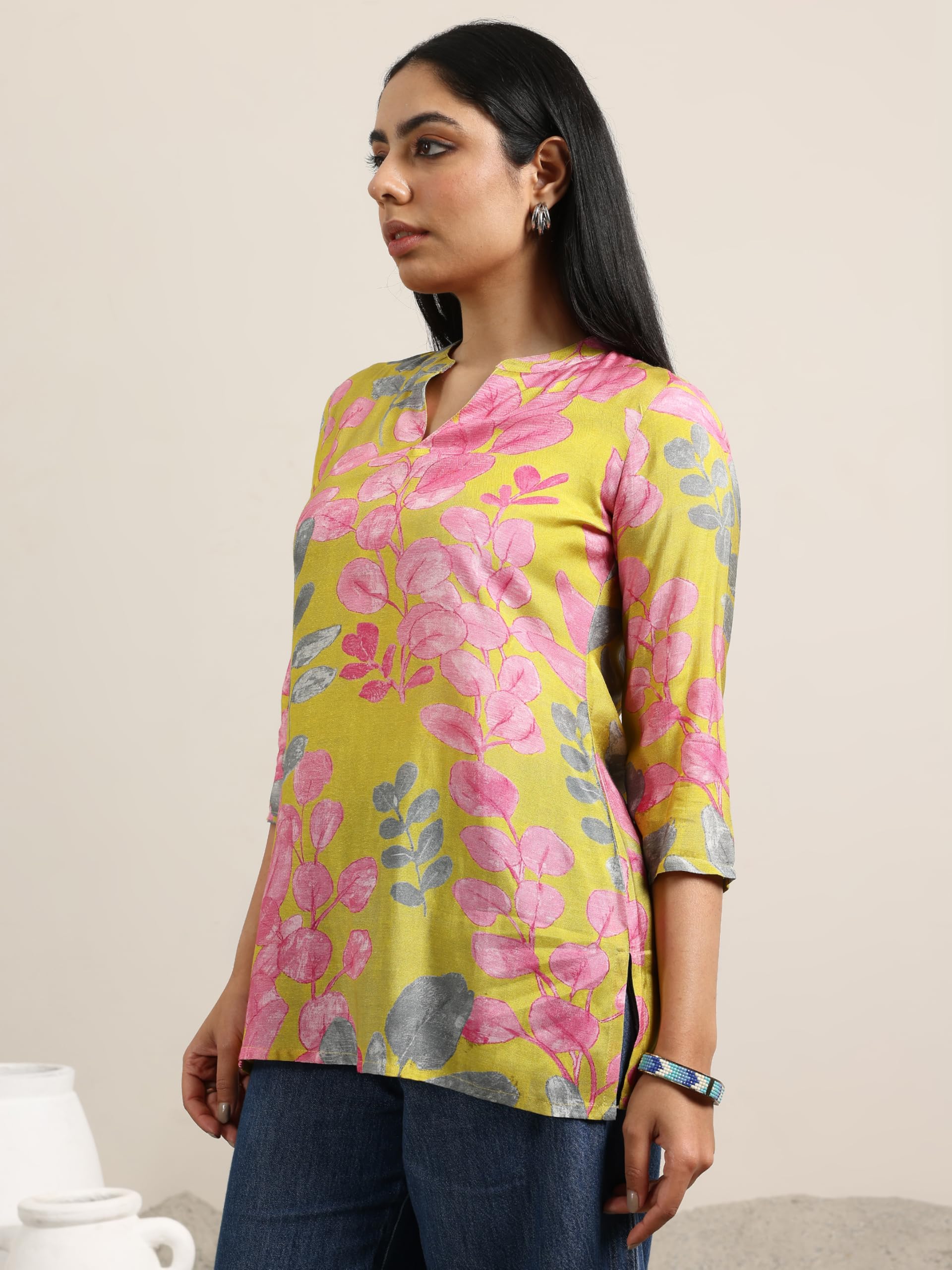Libas WomenS Silk Blend Printed Regular Tunic Shirt (98198 Yellow
