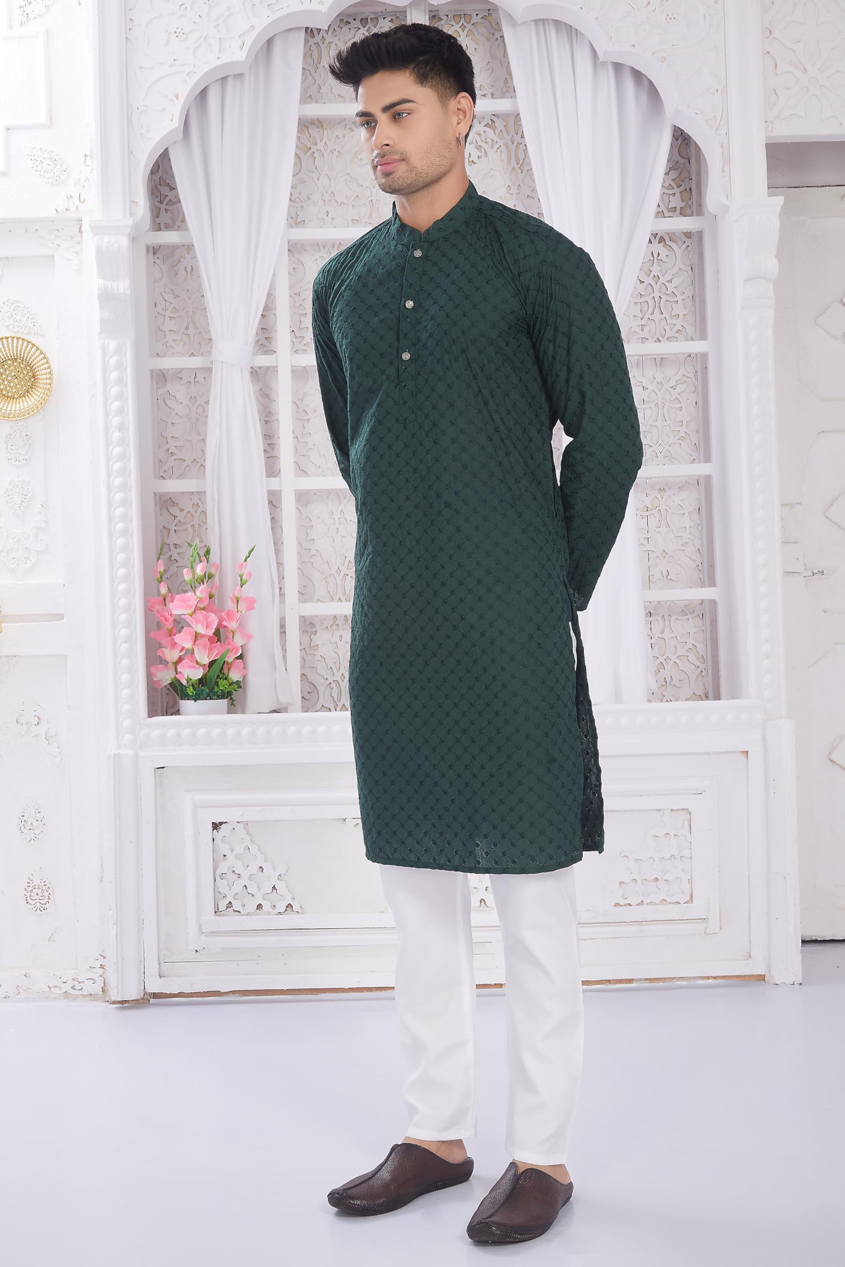 Divisive MenS Thread Embroidered Cotton Only Slim Fit Kurta (Dkrt632_Xxl_Dark Green)